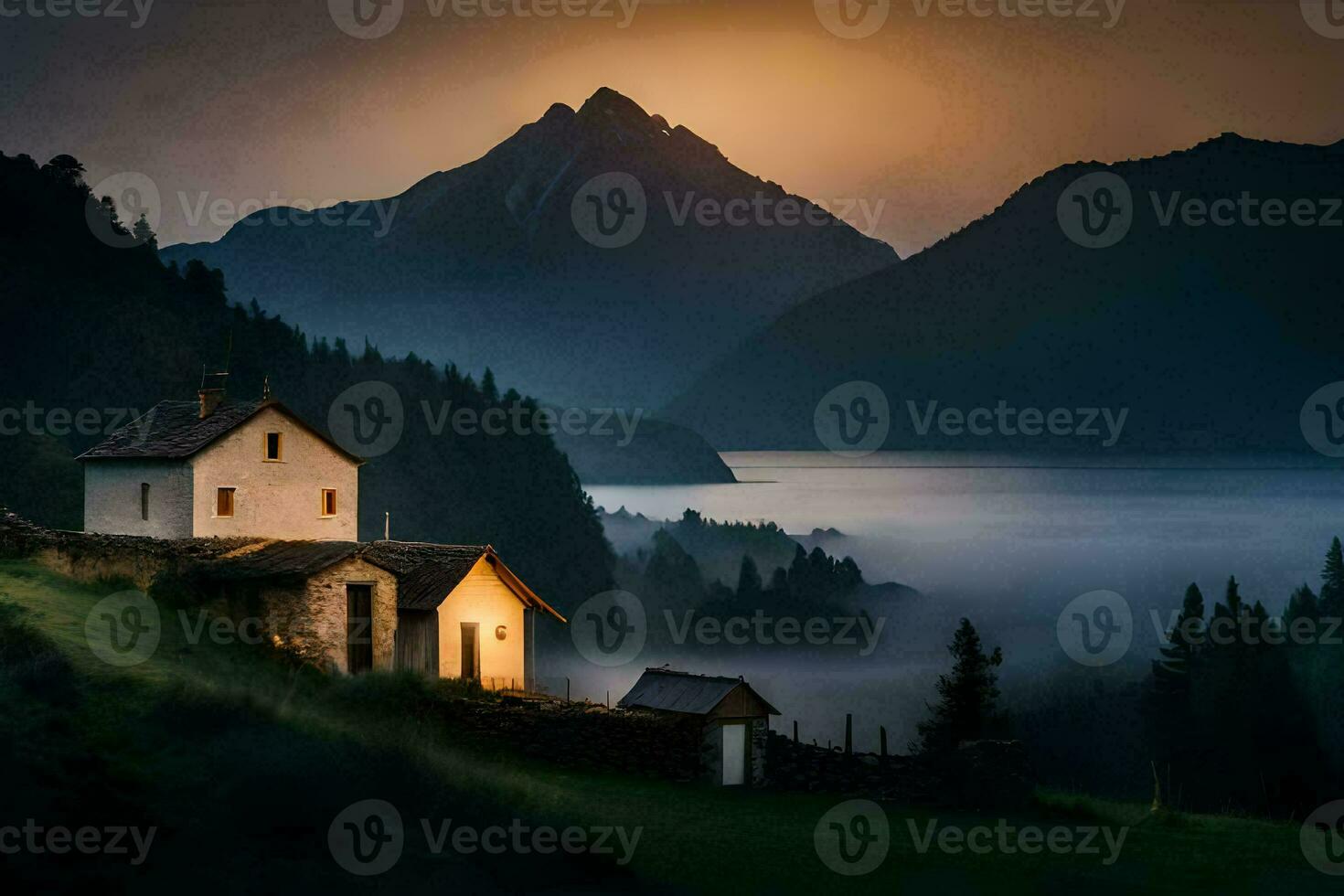 une petit maison est assis sur le côté de une Montagne. généré par ai photo