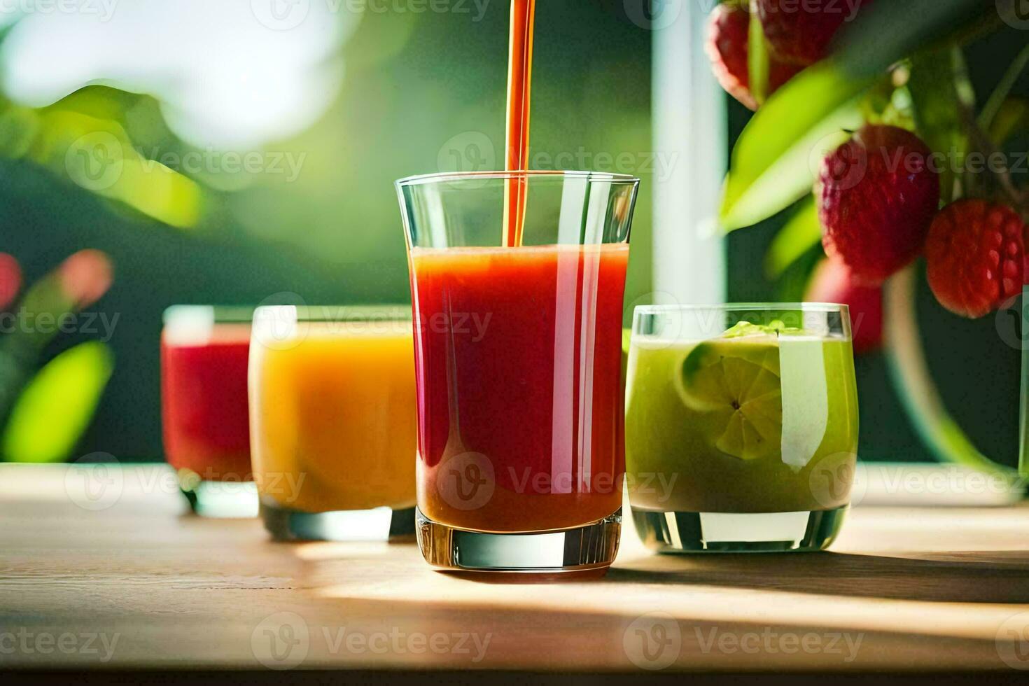 une verre de jus avec des fraises et des oranges. généré par ai photo