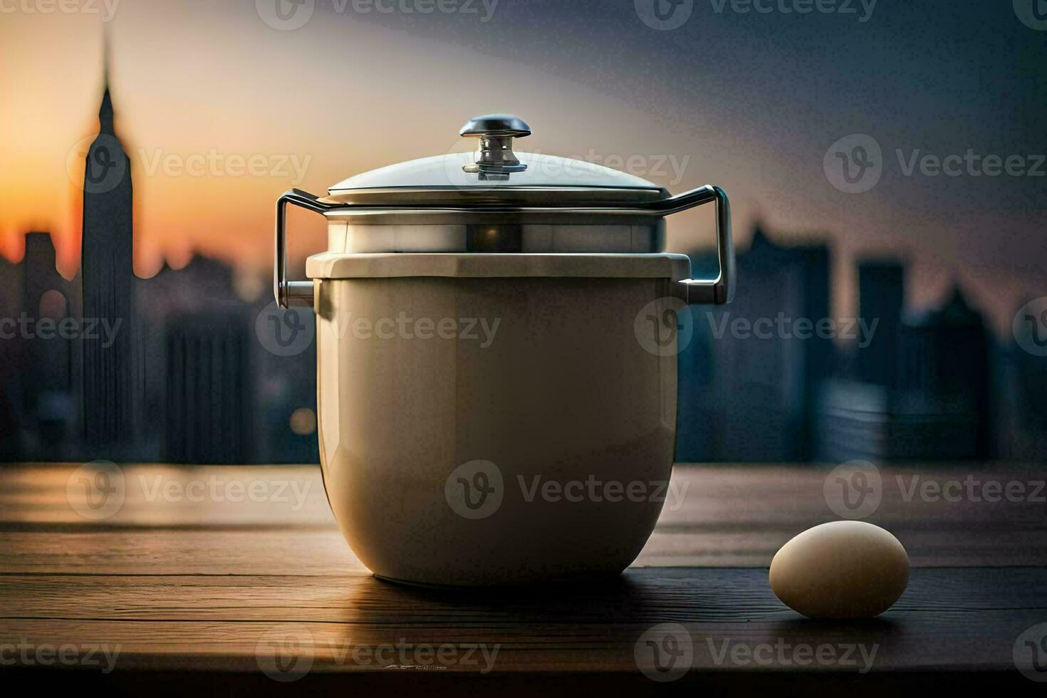 un Oeuf et une blanc récipient séance sur une table avec une ville dans le Contexte. généré par ai photo