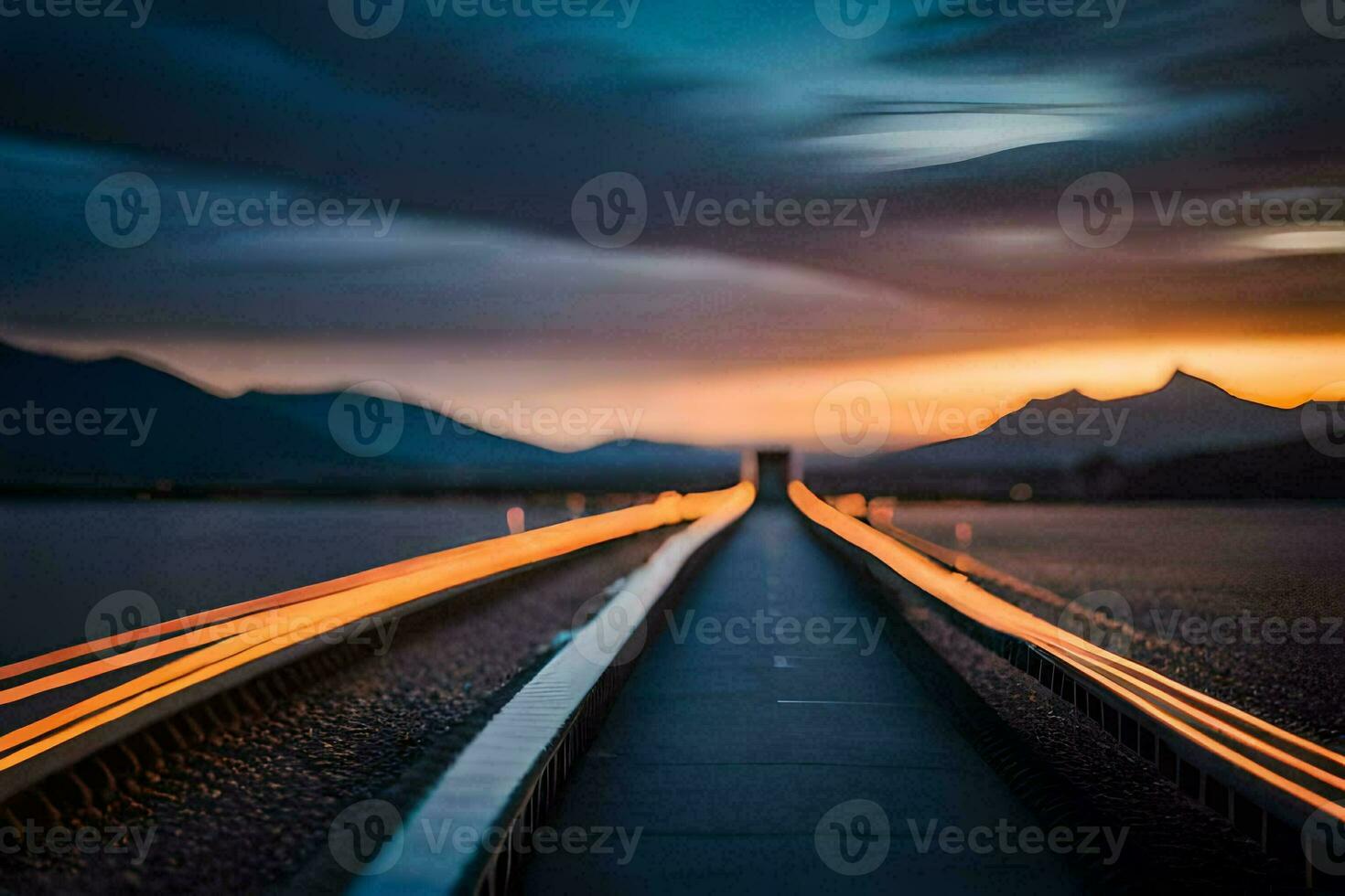 une longue exposition photographier de une pont avec lumières sur il. généré par ai photo