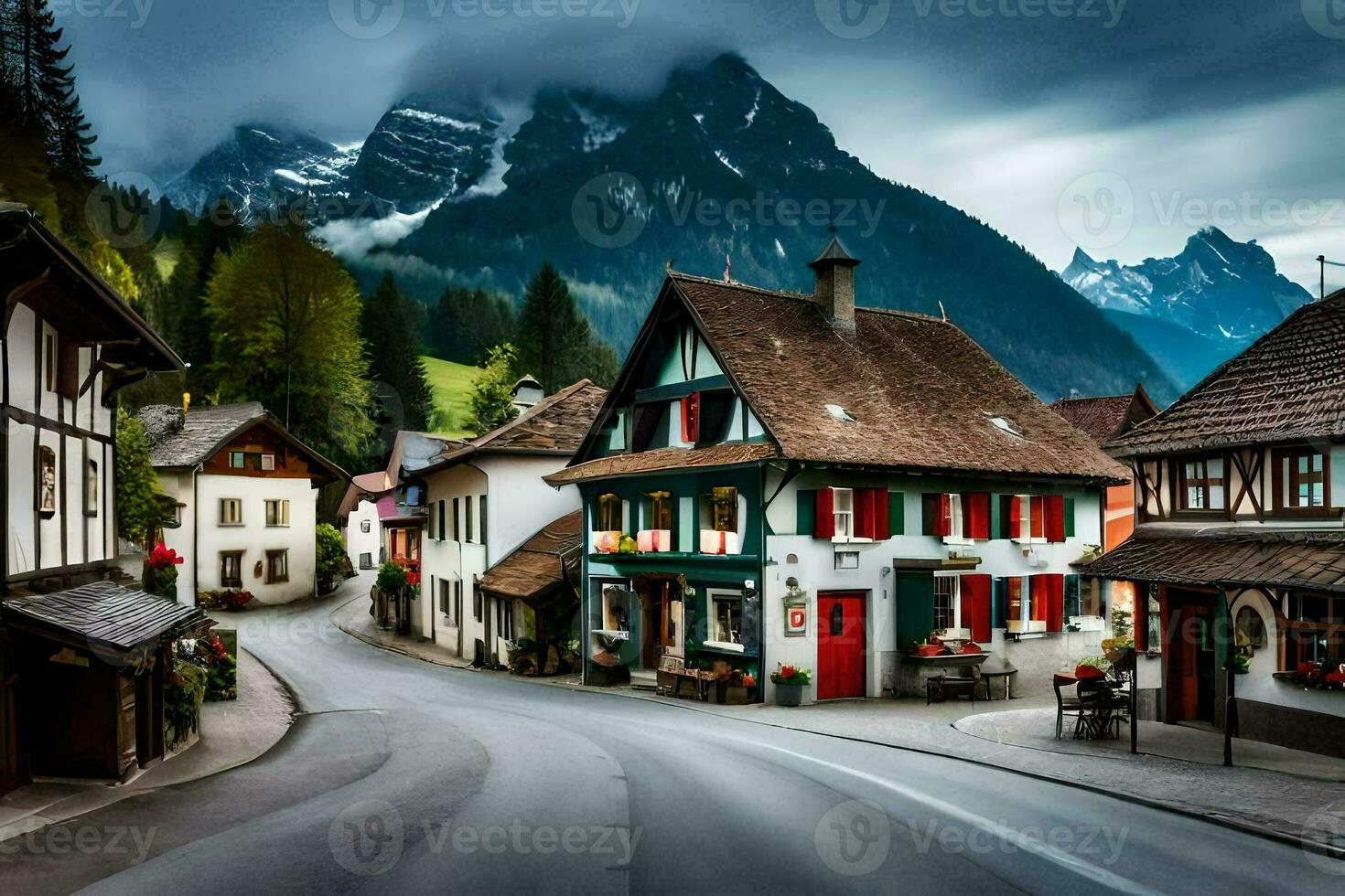 une rue dans le montagnes avec montagnes dans le Contexte. généré par ai photo