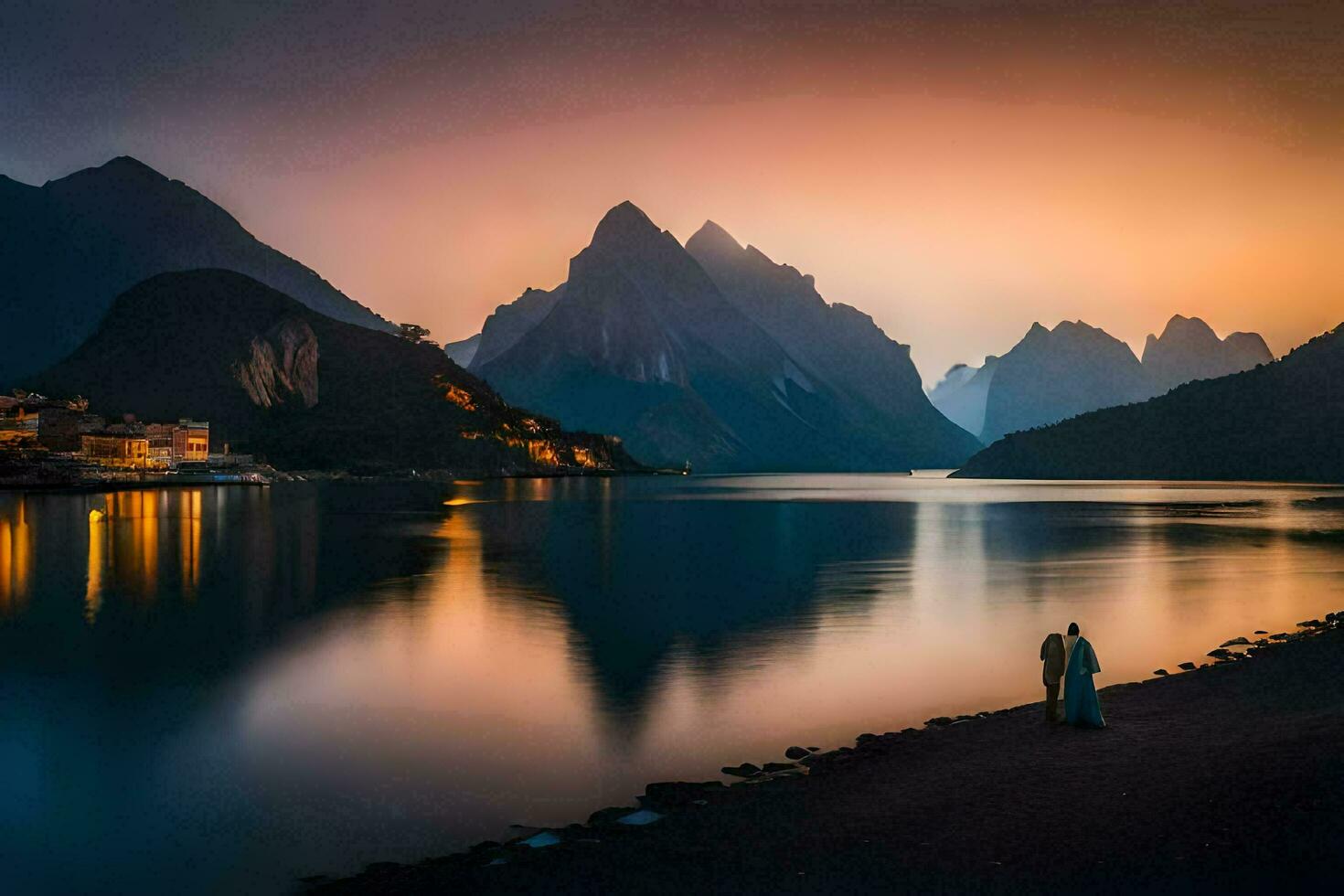 le couple est permanent sur le rive de le lac. généré par ai photo