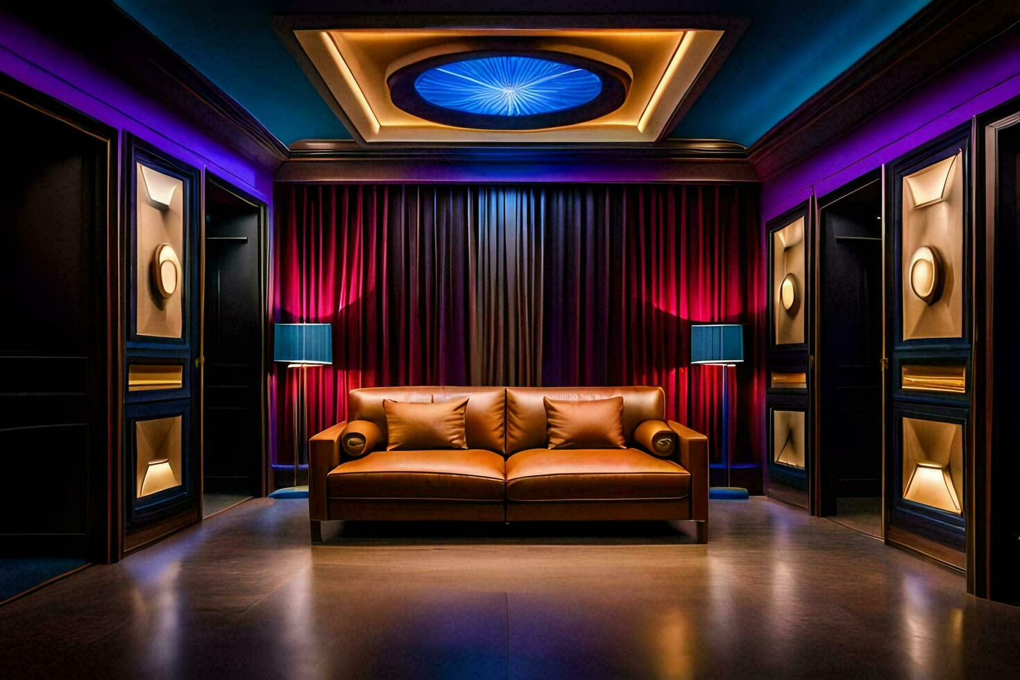 le Accueil théâtre pièce a une cuir canapé et une bleu plafond. généré par ai photo