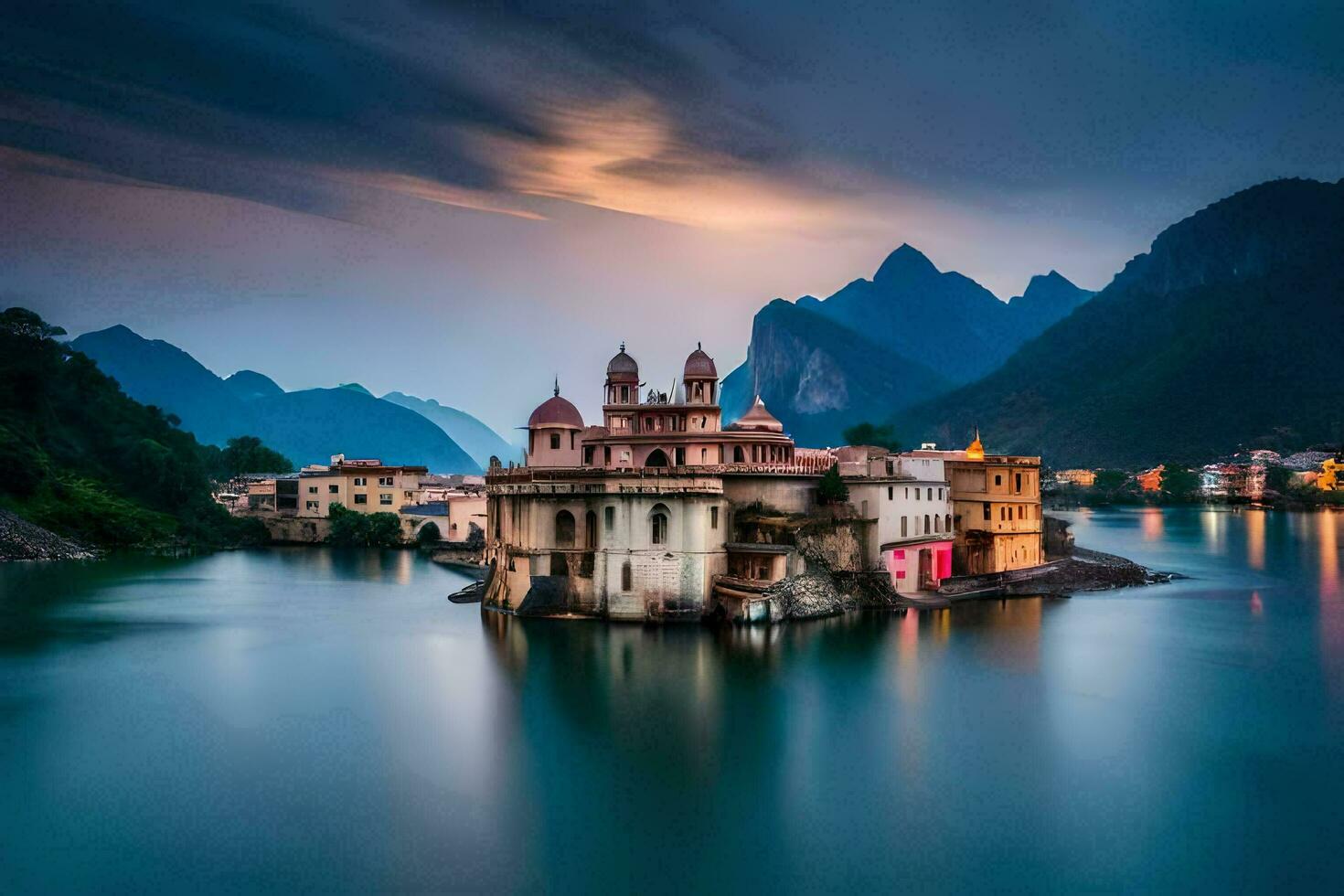 une magnifique maison est assis sur le bord de une lac. généré par ai photo