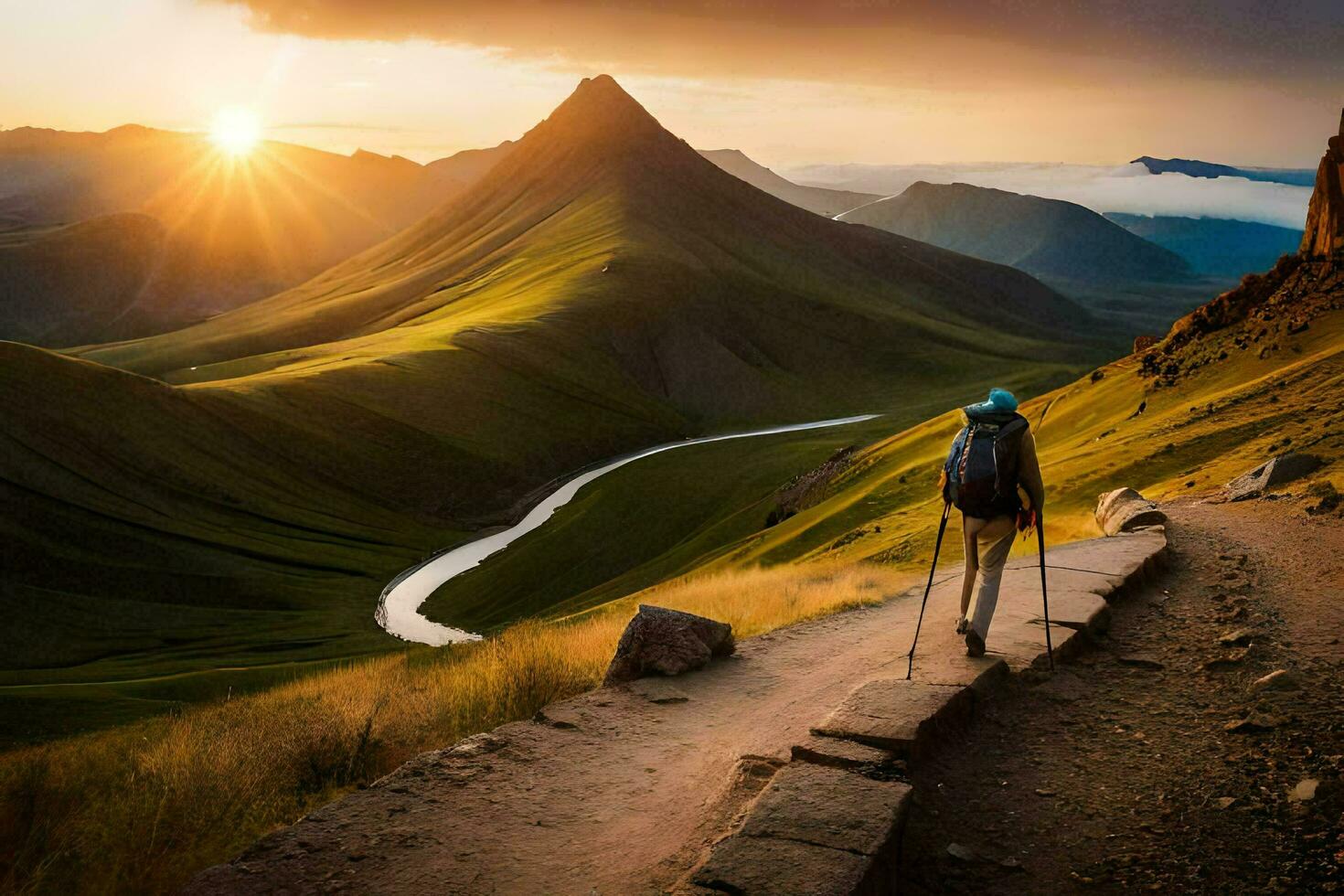 une homme avec une sac à dos des promenades le long de une chemin dans le montagnes. généré par ai photo