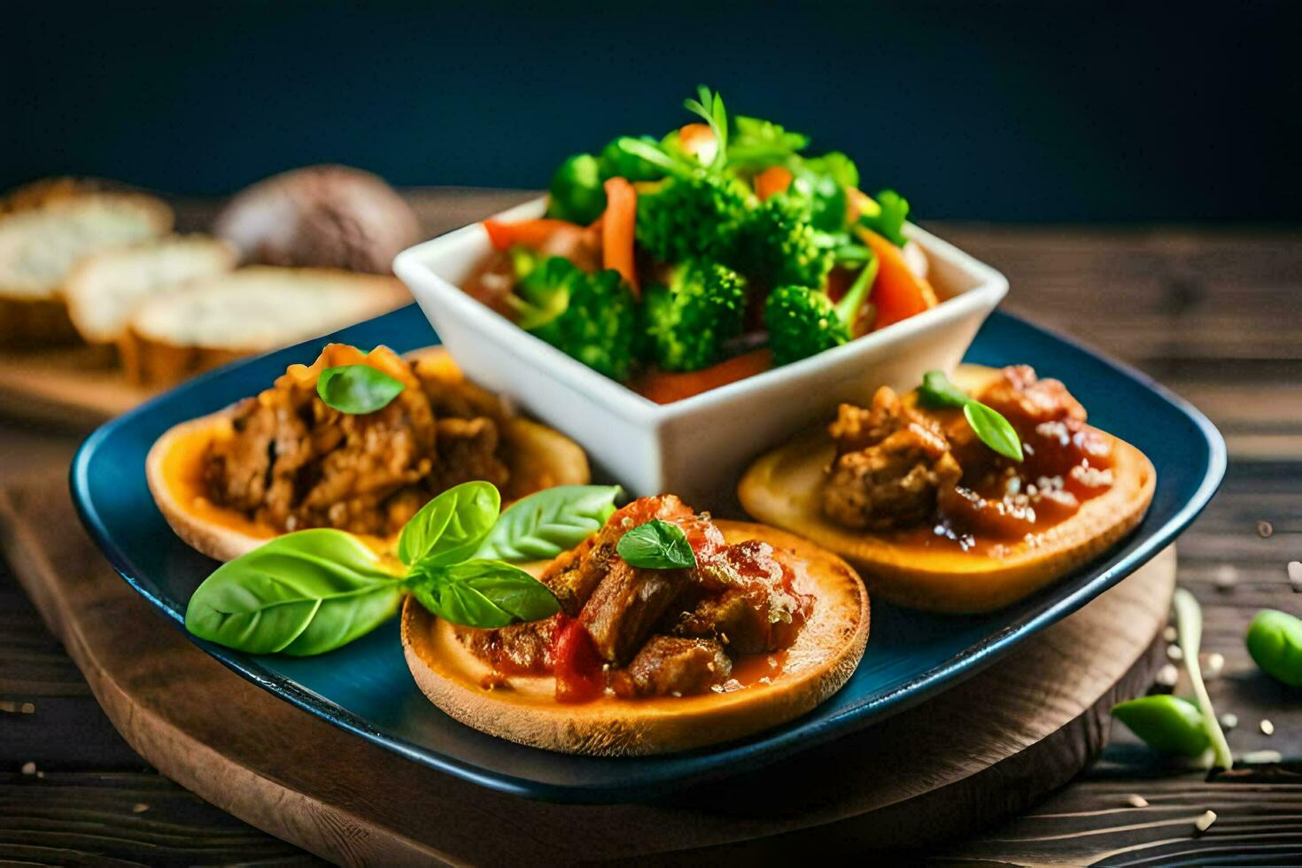 Trois mini pizzas avec Viande et des légumes sur une plaque. généré par ai photo