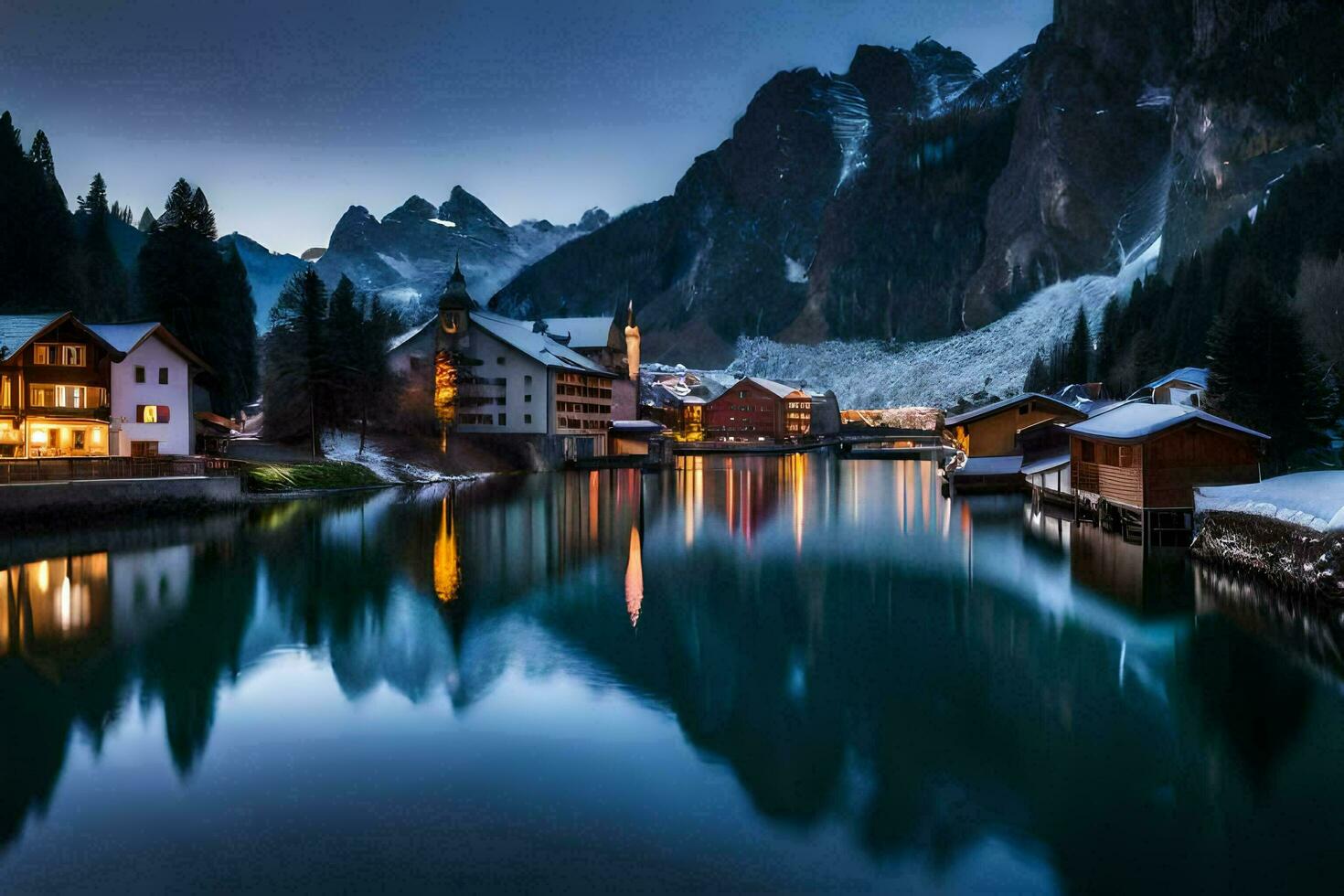 une Lac et Maisons dans le montagnes à nuit. généré par ai photo