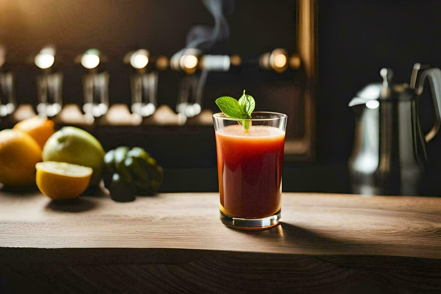 une verre de jus avec une feuille sur Haut. généré par ai photo