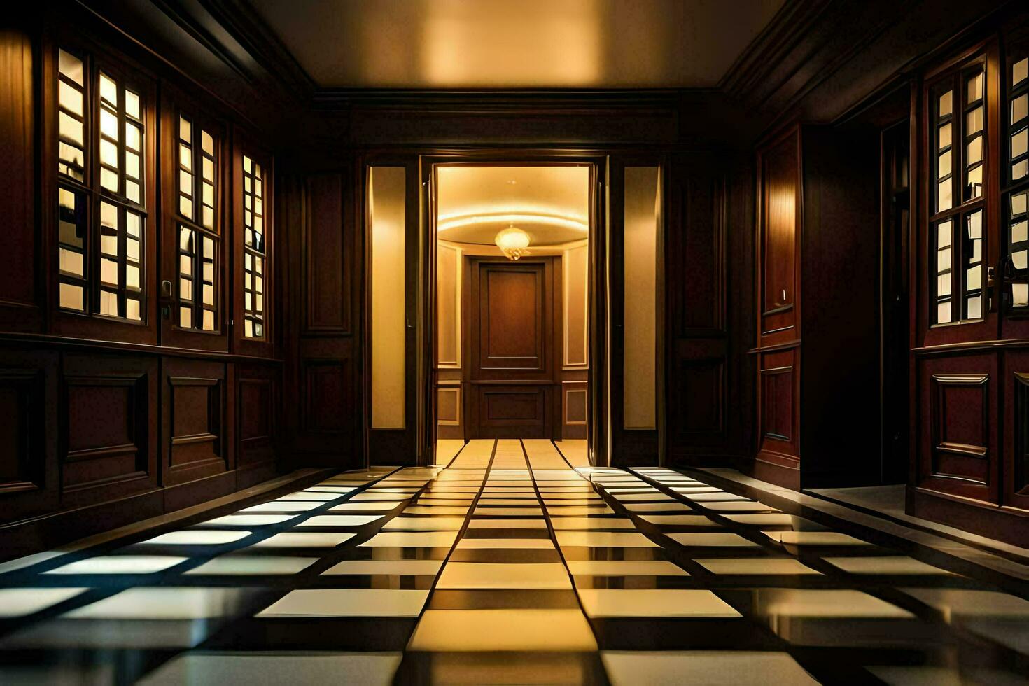 une couloir avec une porte et une à carreaux sol. généré par ai photo