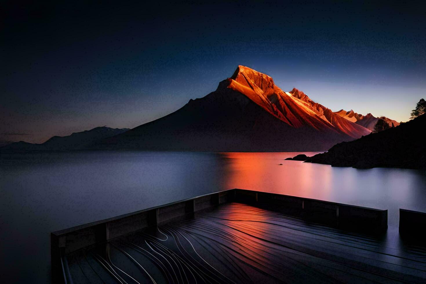 une Montagne à le coucher du soleil avec une Dock et l'eau. généré par ai photo