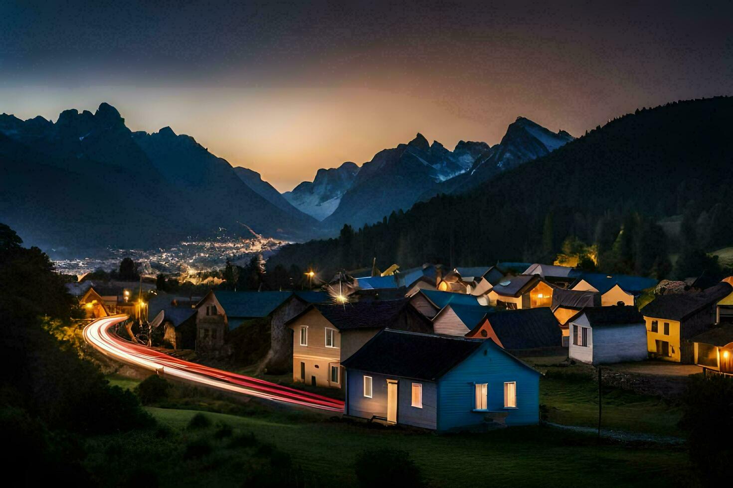 une ville dans le montagnes à nuit. généré par ai photo