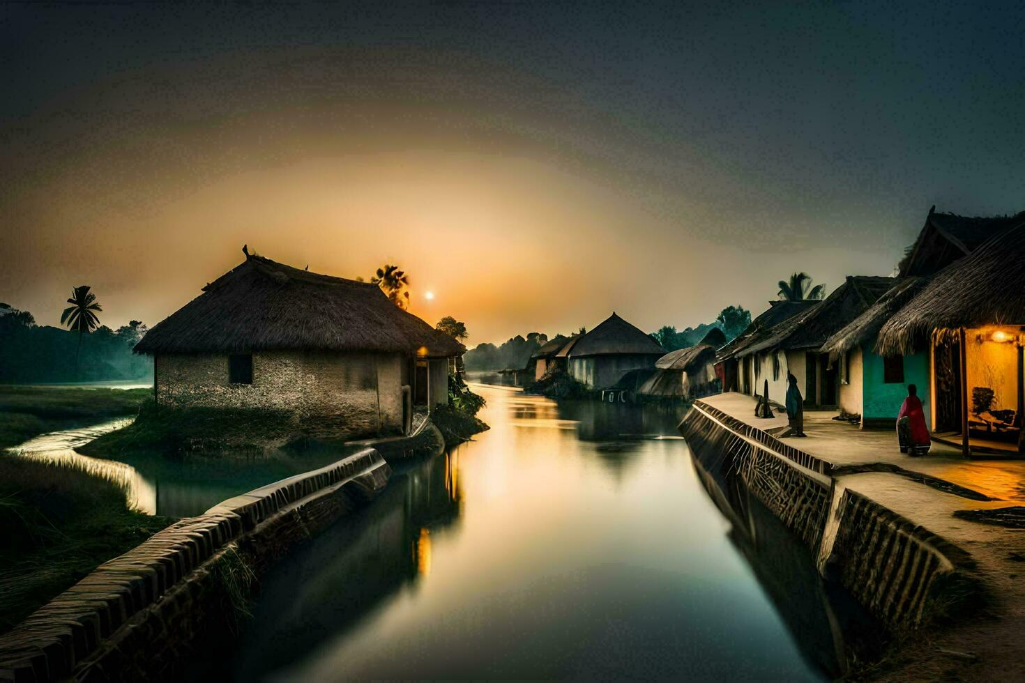 une rivière court par une village à le coucher du soleil. généré par ai photo