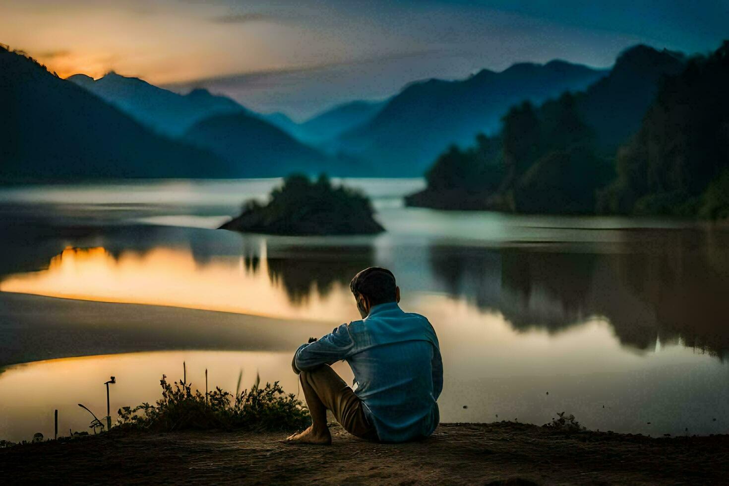 une homme séance sur le bord de une Lac à le coucher du soleil. généré par ai photo