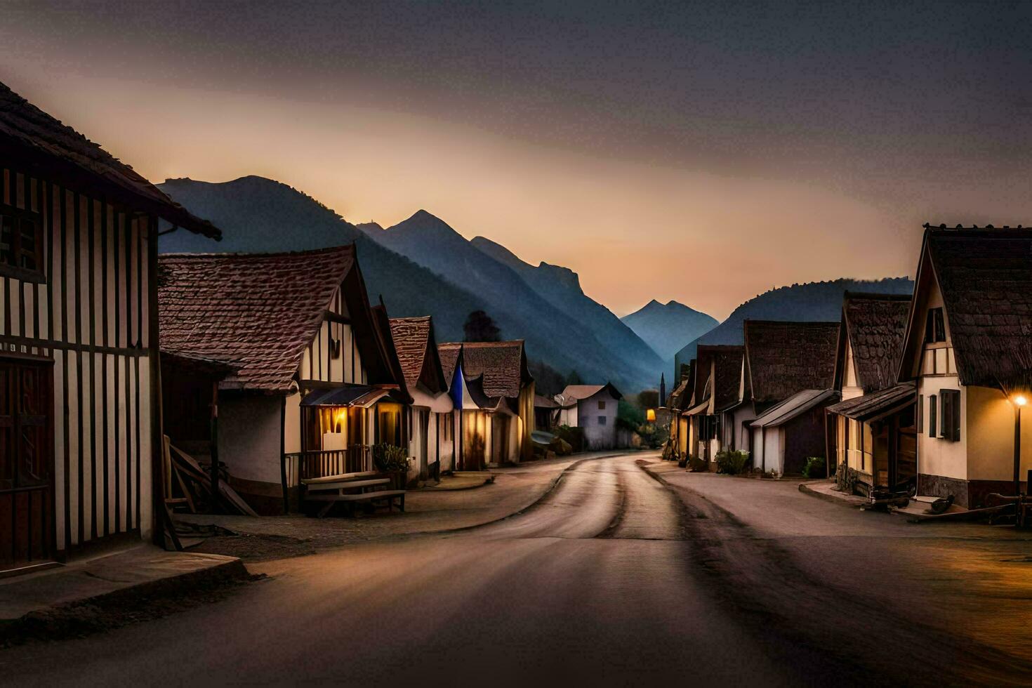 une rue dans le montagnes à crépuscule. généré par ai photo