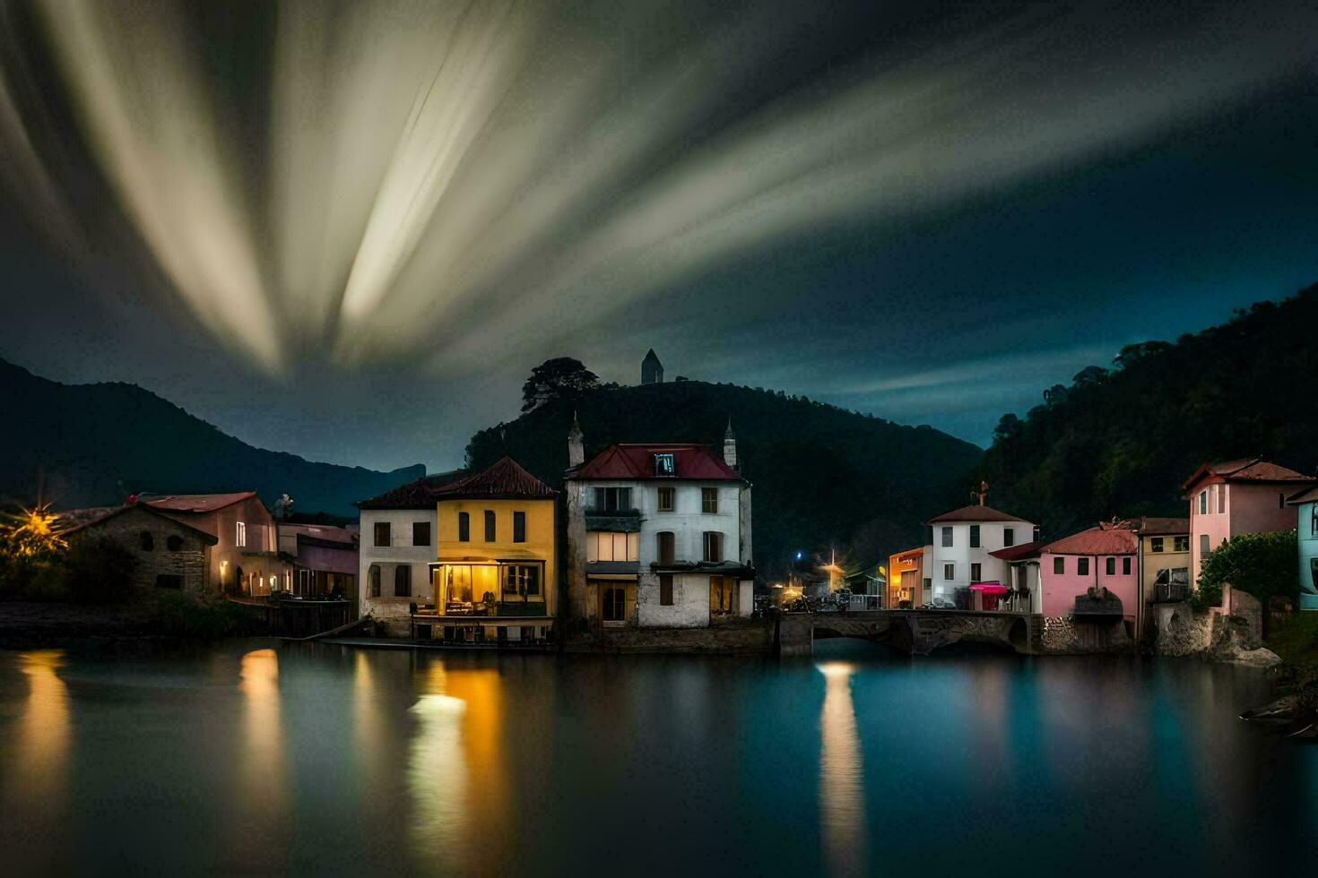 une rivière et Maisons à nuit avec une longue exposition. généré par ai photo