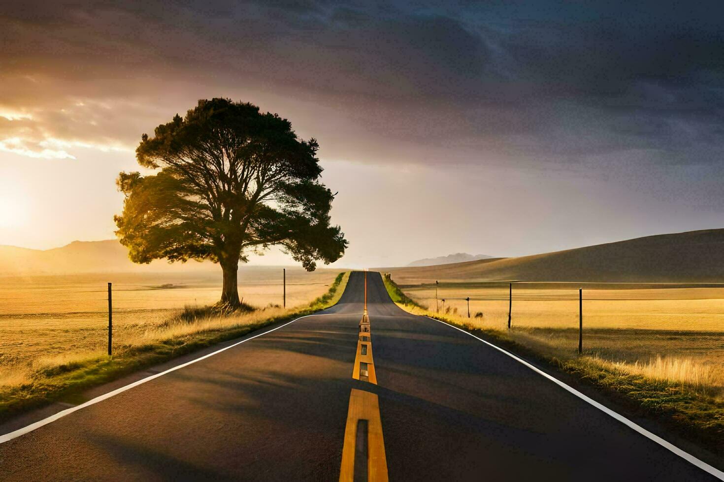 une longue route avec une seul arbre dans le milieu de le champ. généré par ai photo