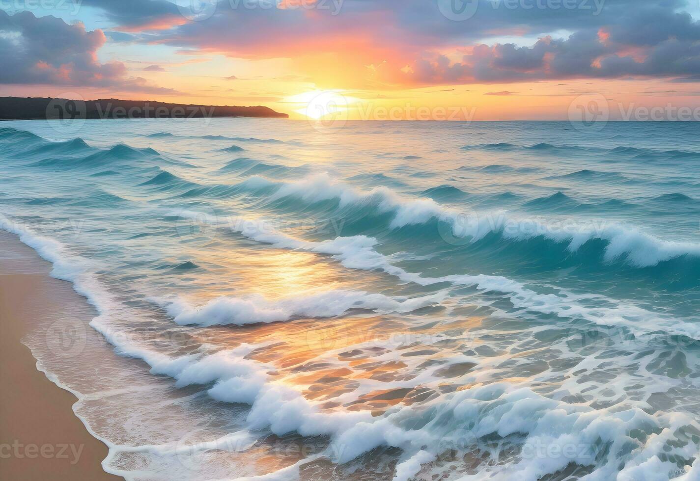 le Soleil trempettes au dessous de le horizon, moulage une chaud lueur plus de une plage avec océan l'eau. ai généré photo