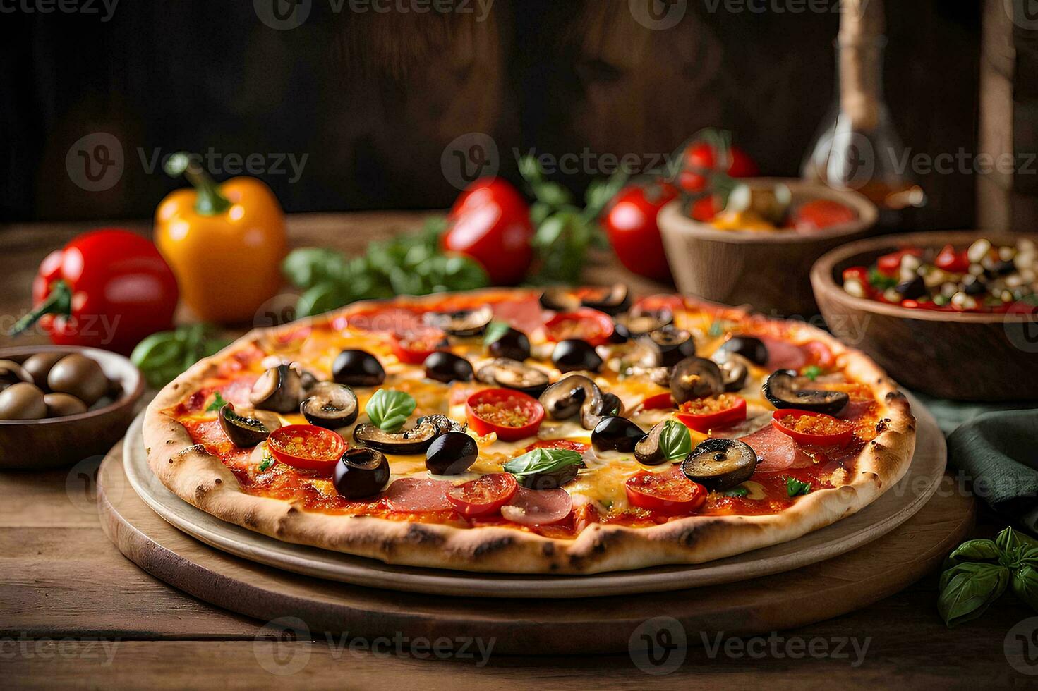 délicieux Pizza sur en bois tableau, à la perfection plaqué, délice Pizza assiette ai généré photo