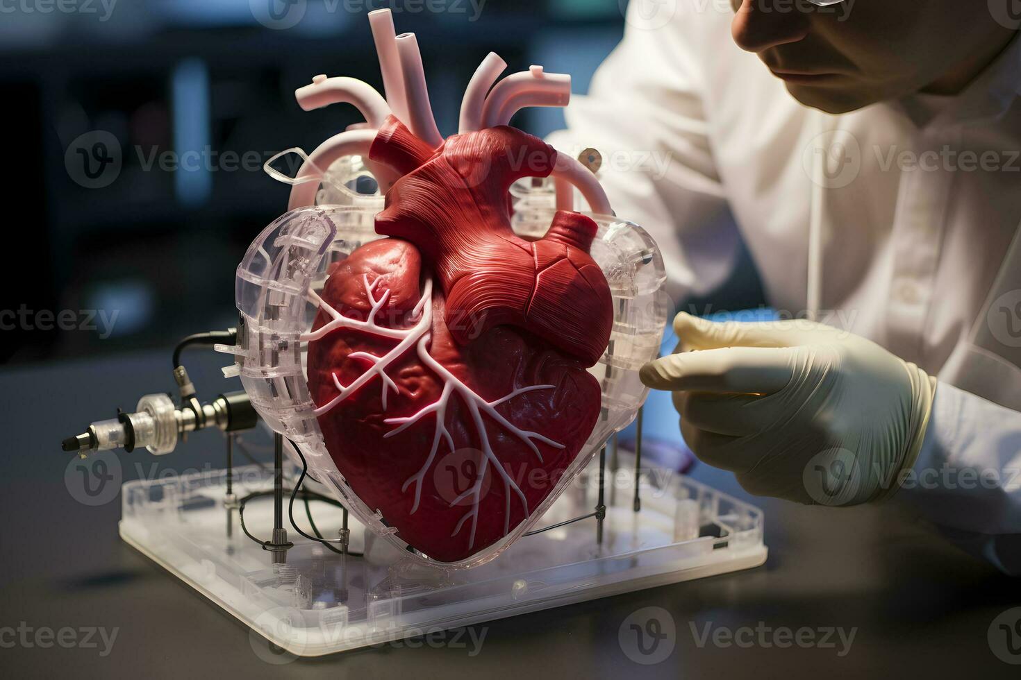 modèle de une Humain cœur imprimé sur une 3d imprimante. ai génératif photo