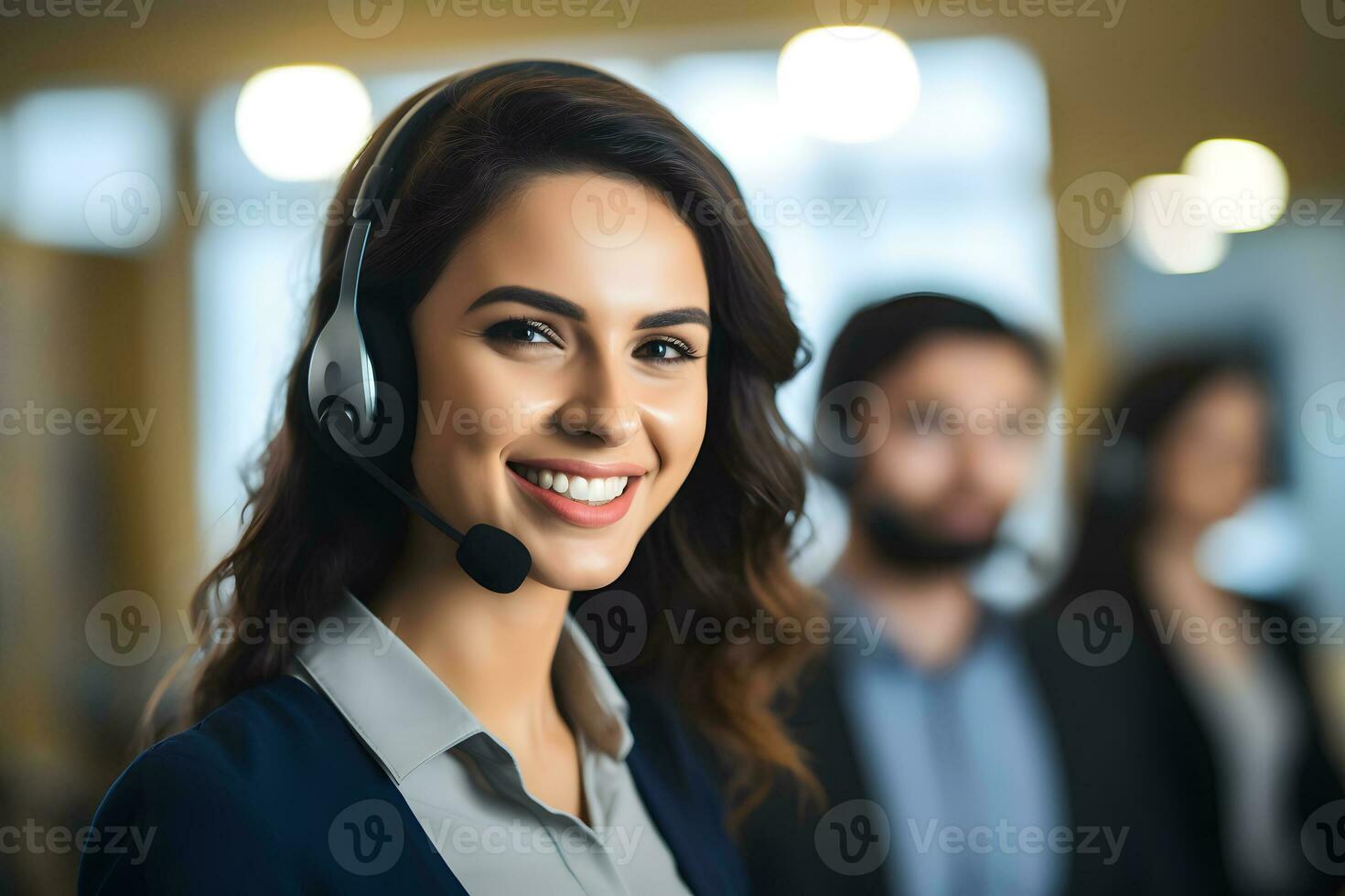 une jolie fille est un opérateur dans une appel centre. le opérateur est une femelle agent. ai génératif photo