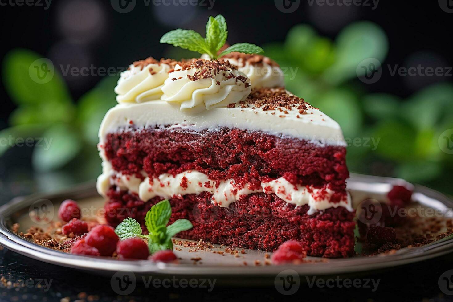 Morceau De Gâteau De Velours Rouge Festif Sur Piédestal Avec