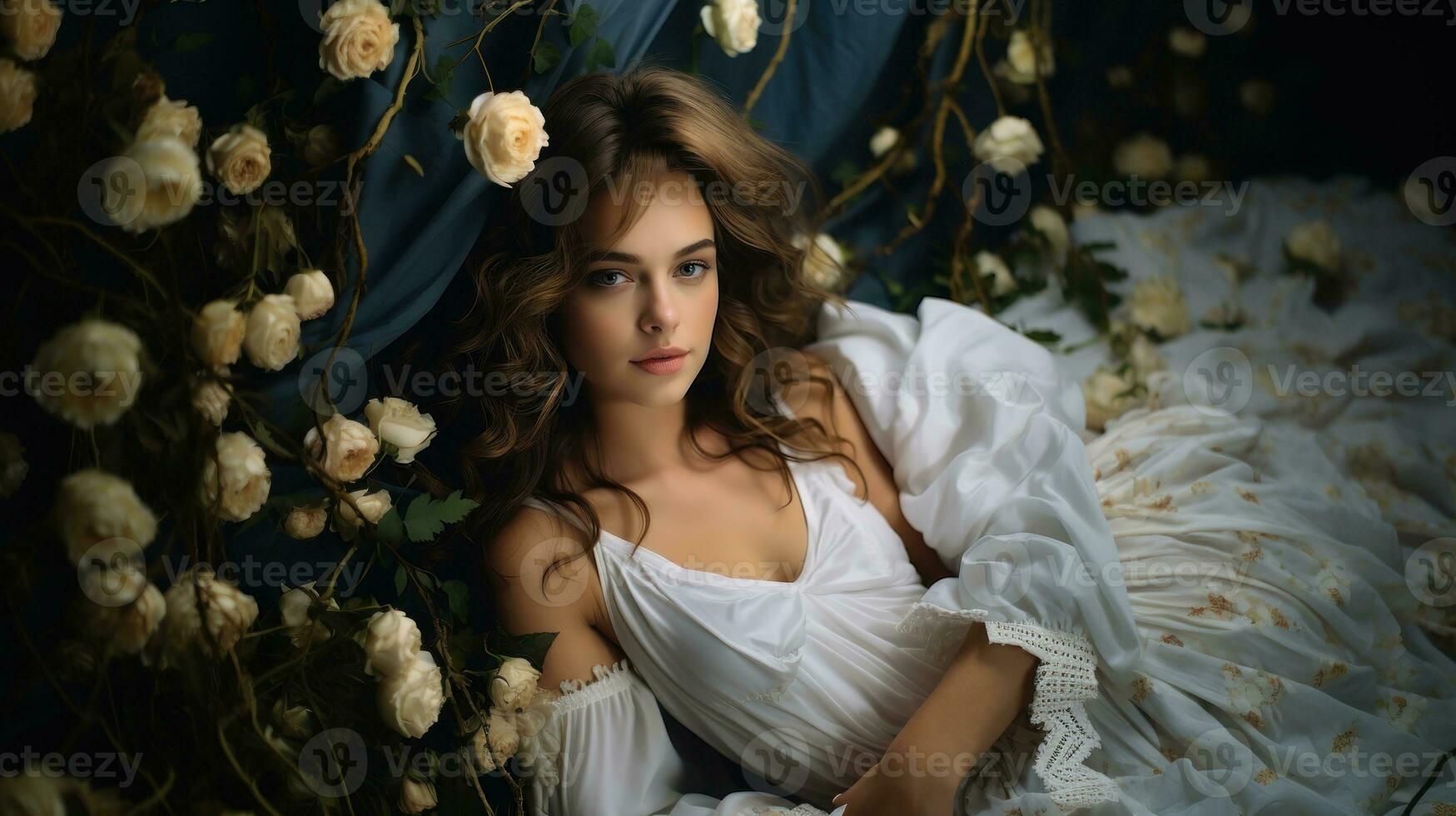 portrait de une magnifique Jeune femme dans une blanc robe mensonge dans le lit avec fleurs. coiffure mode fille avec ondulé en bonne santé cheveux. romantique femelle rêver. photo