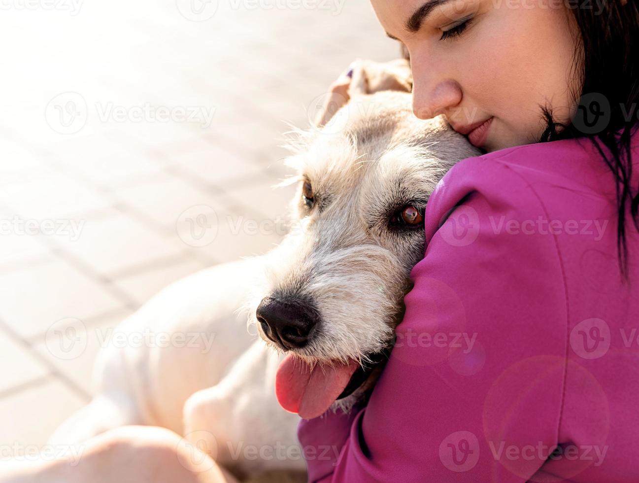 jeune femme séduisante serrant son chien dans le parc photo