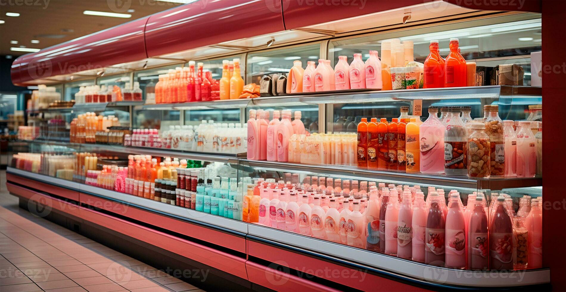 lait, kéfir, laitier des produits dans une magasin, réfrigéré afficher Cas dans une supermarché - ai généré image photo