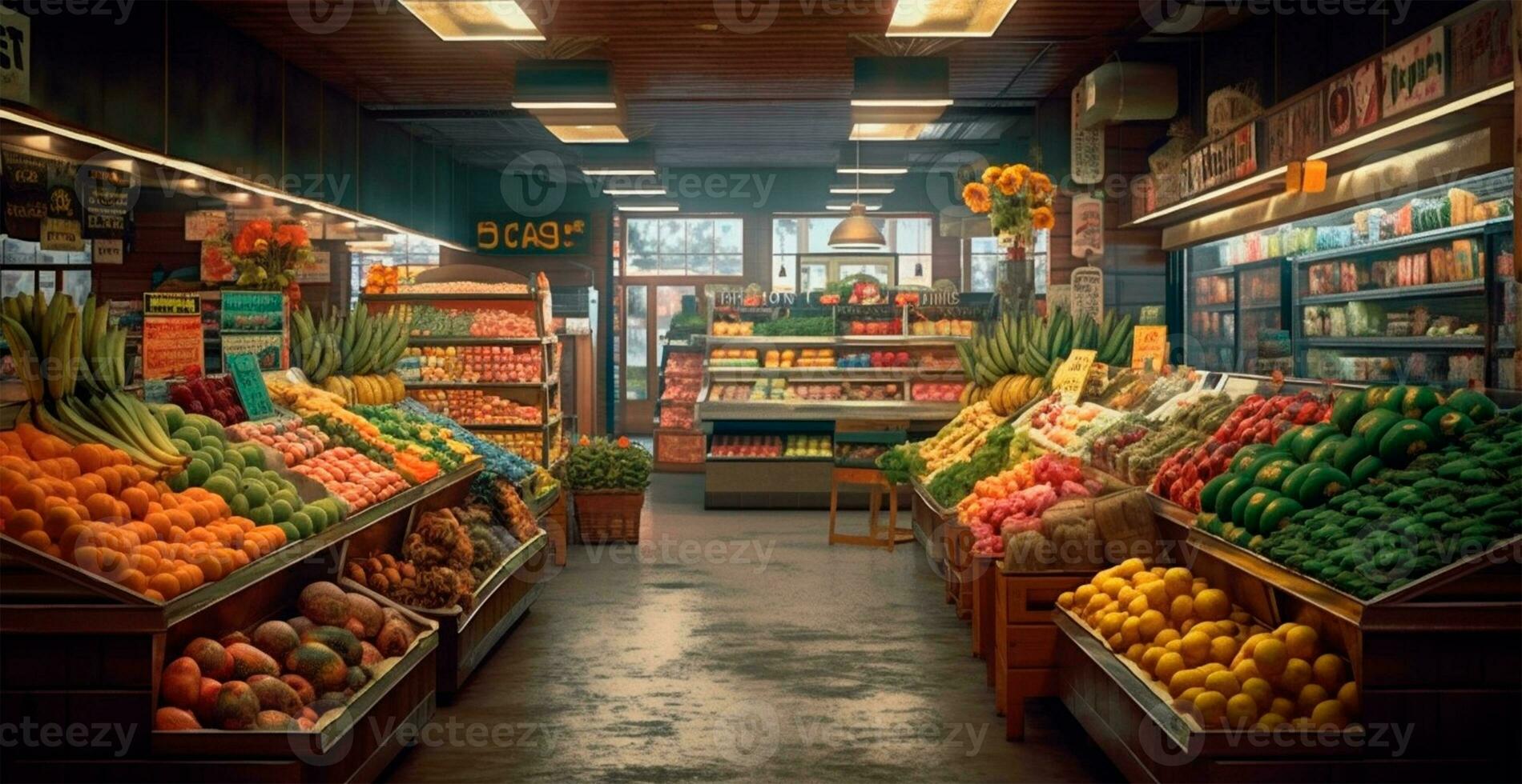 épicerie magasin, fruit comptoir, jus les boissons fermer - ai généré image photo