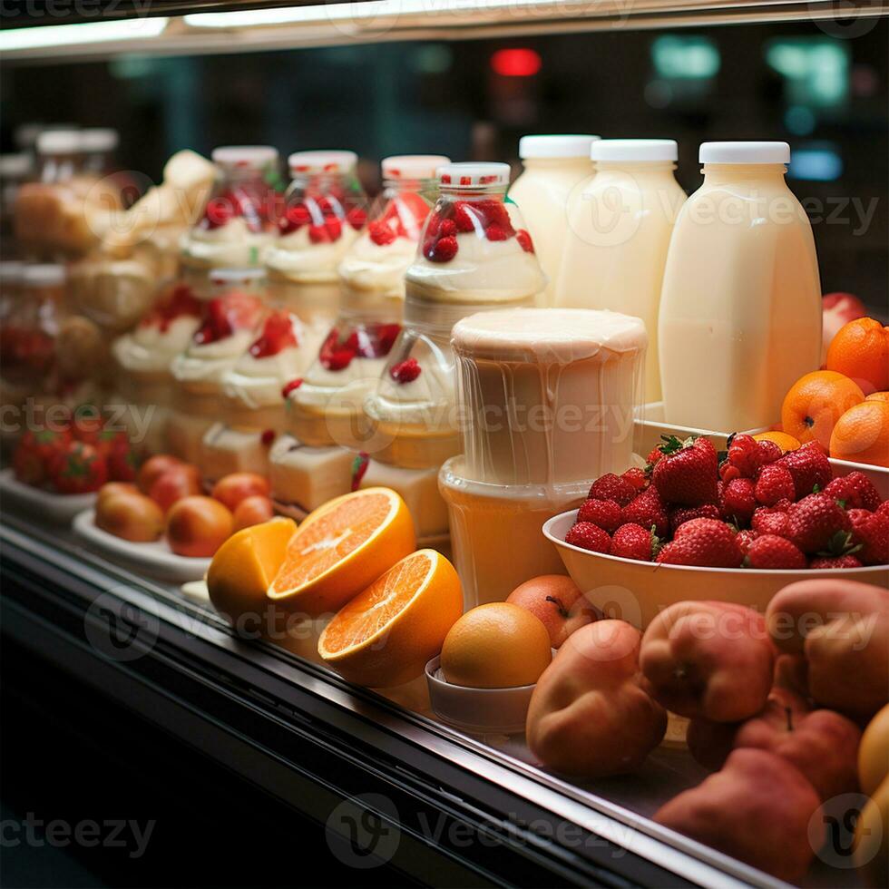 laitier des produits, Lait et fromage dans une supermarché, nourriture afficher - ai généré image photo