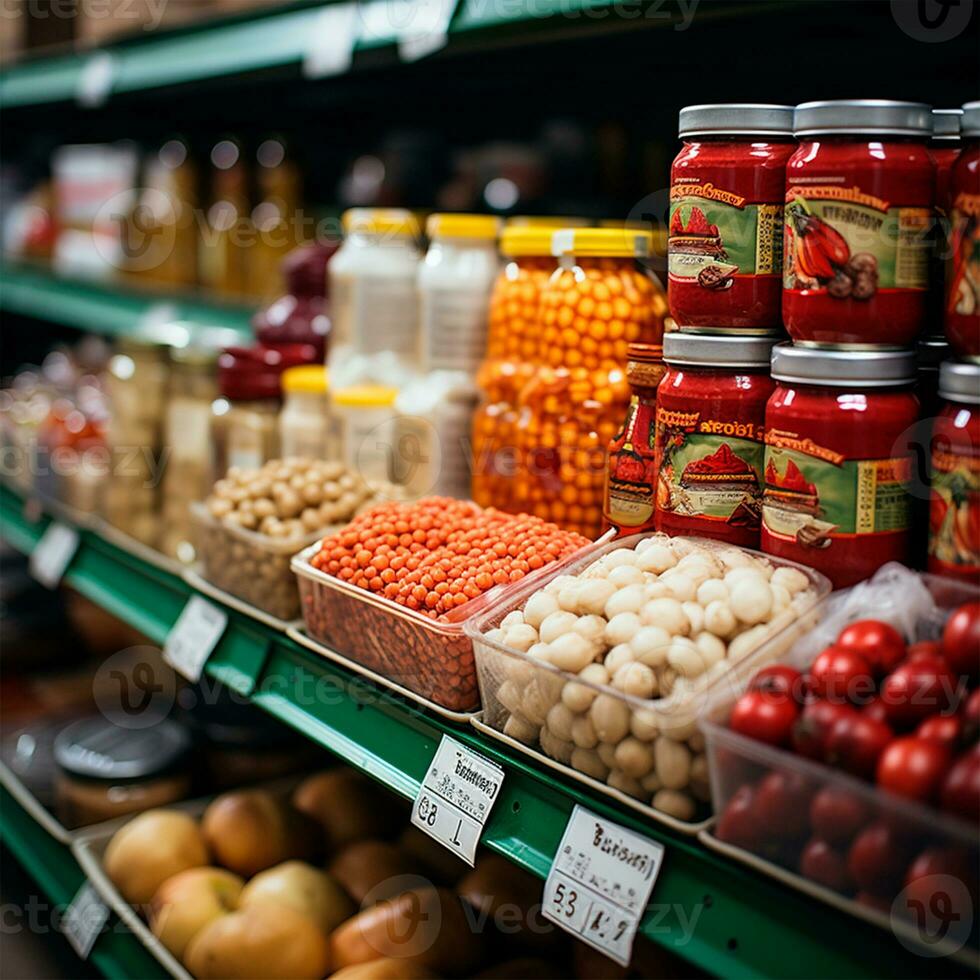 épicerie magasin, fruit comptoir, jus les boissons fermer - ai généré image photo