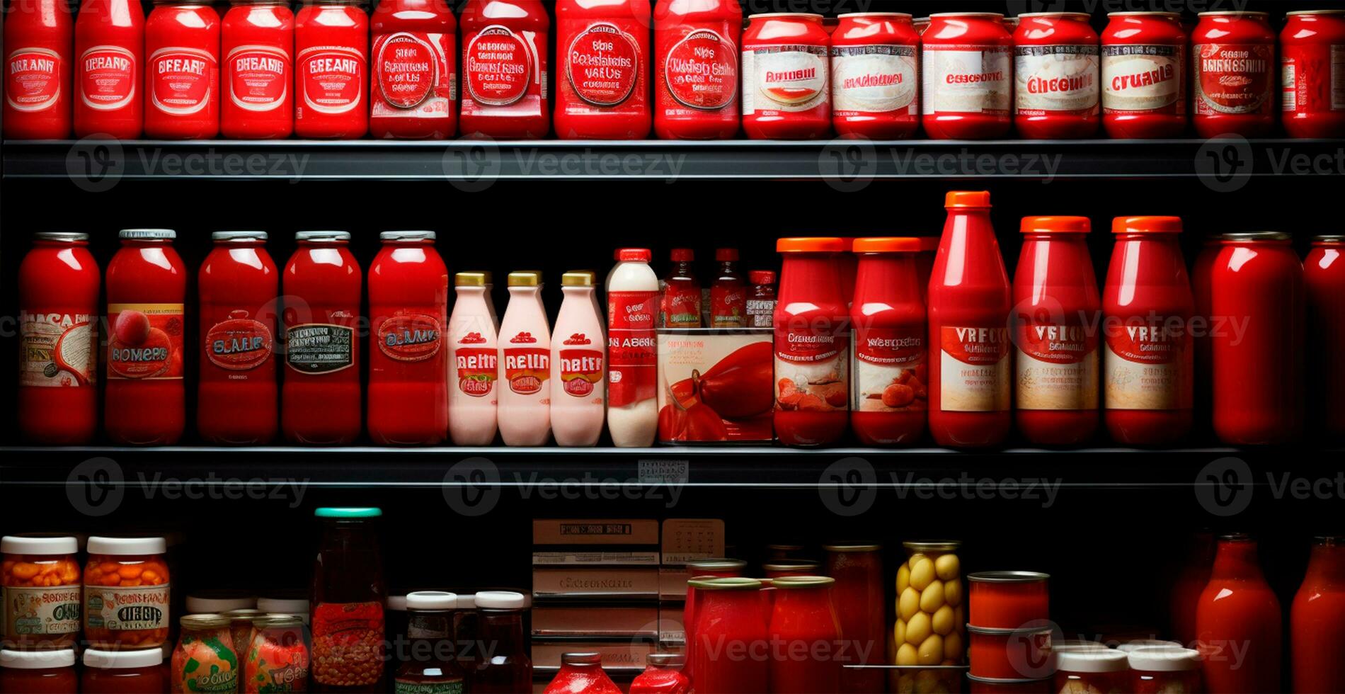 épicerie magasin, fruit comptoir, boissons, jus, confitures sur afficher dans une supermarché - ai généré image photo