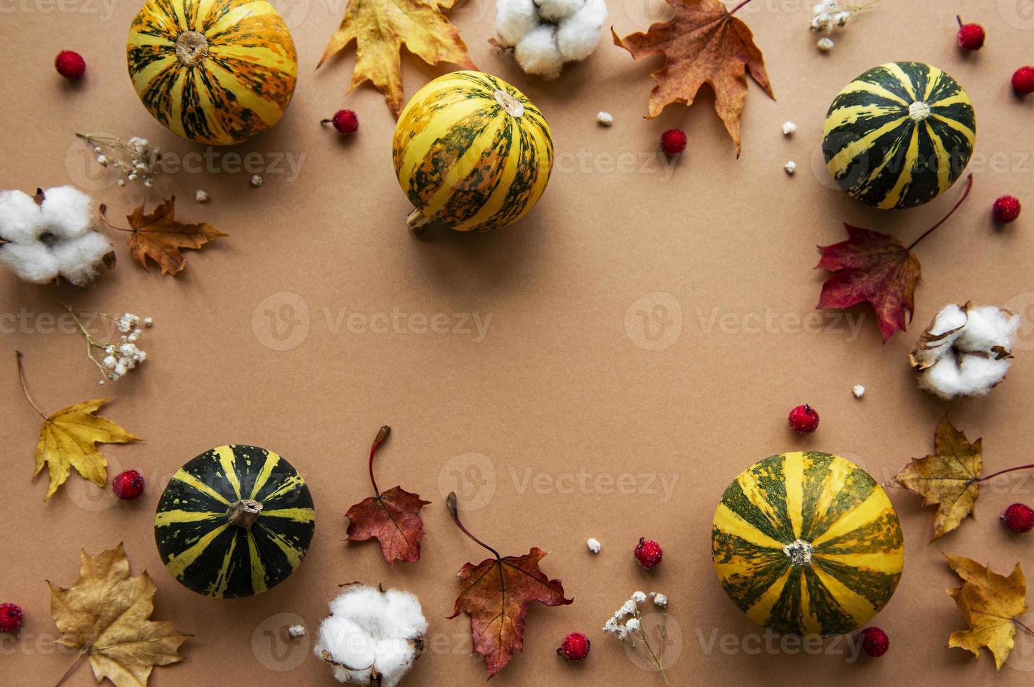 décoration d'automne avec des citrouilles et des feuilles sèches photo