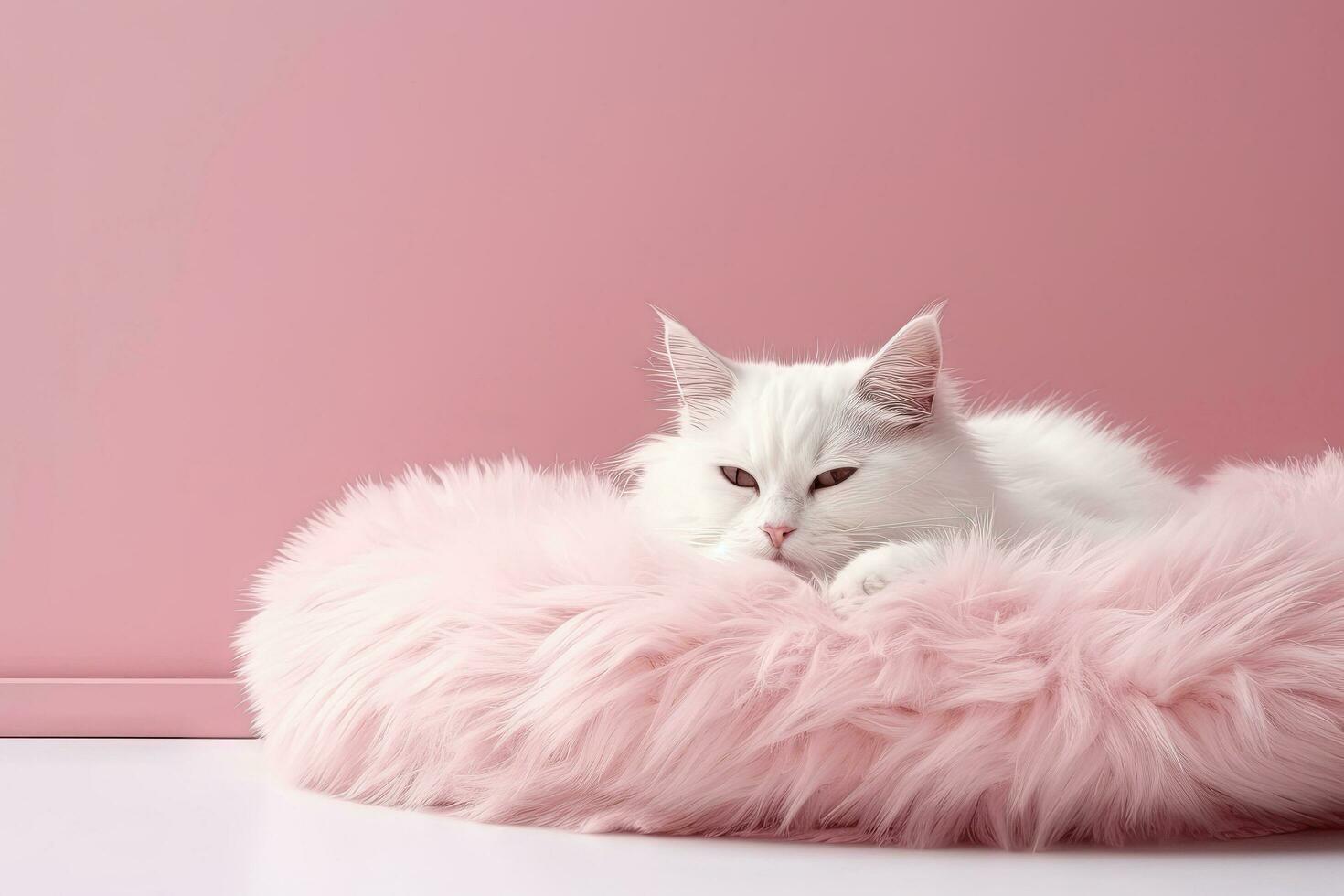 chat sommeil sur rose coussin dans une vivant chambre, rose Contexte ,ai généré photo