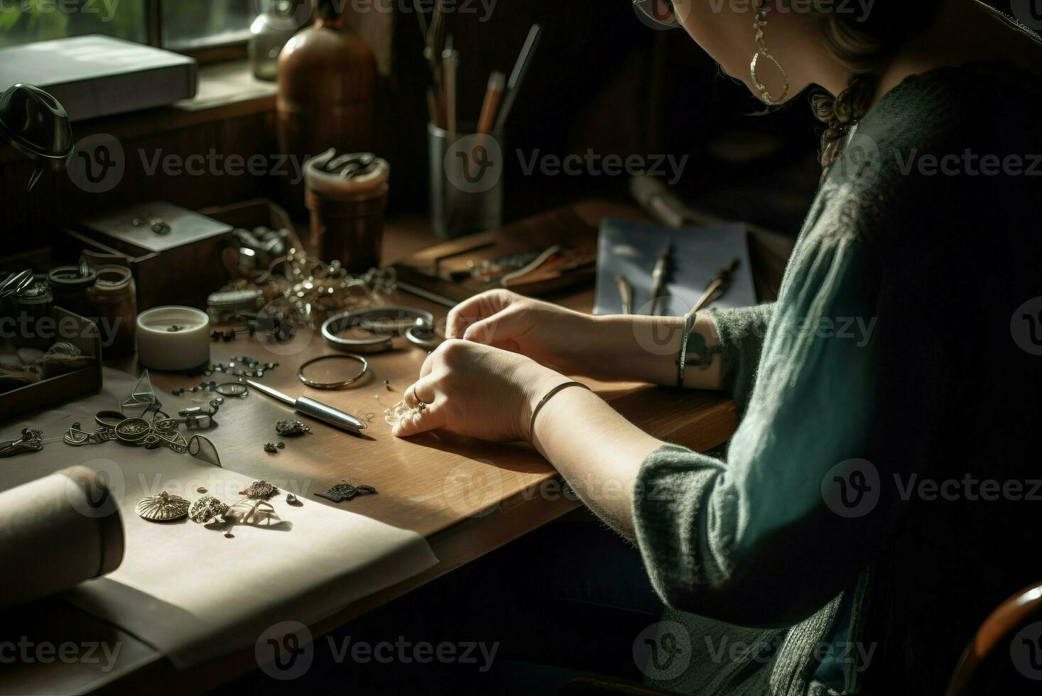 femme bijoux artisanat nuit travail. produire ai photo