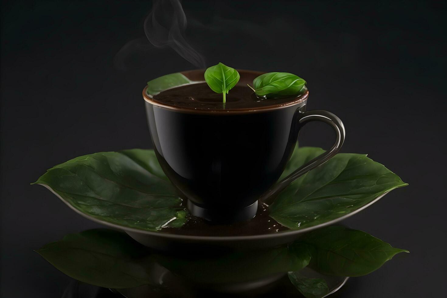 une tasse de foncé café avec une Célibataire feuille de de base généré par ai photo