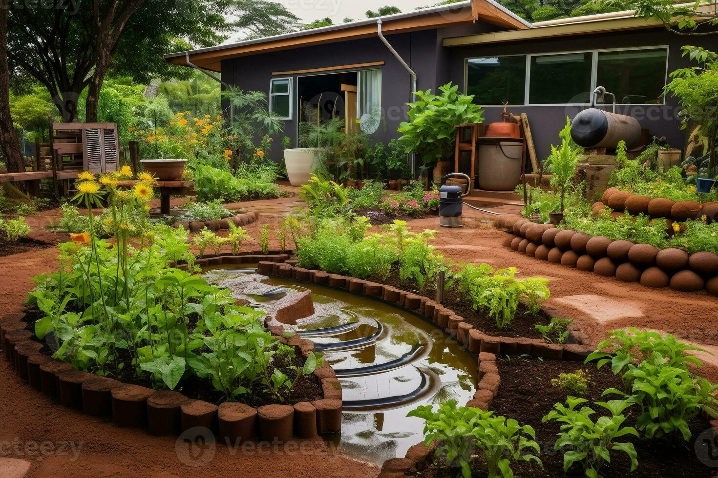 une Accueil jardin avec eau de pluie récolte et le compostage systèmes. bien entretenu jardin zone avec des lits et l'eau réservoirs. ménage, fleur des lits avec les plantes. ai génératif photo
