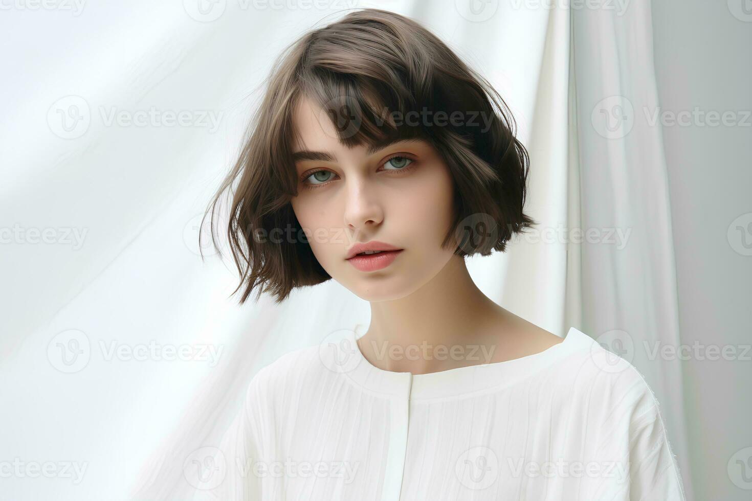 Jeune femme avec court bob la Coupe de cheveux sur lumière Contexte. ai génératif photo