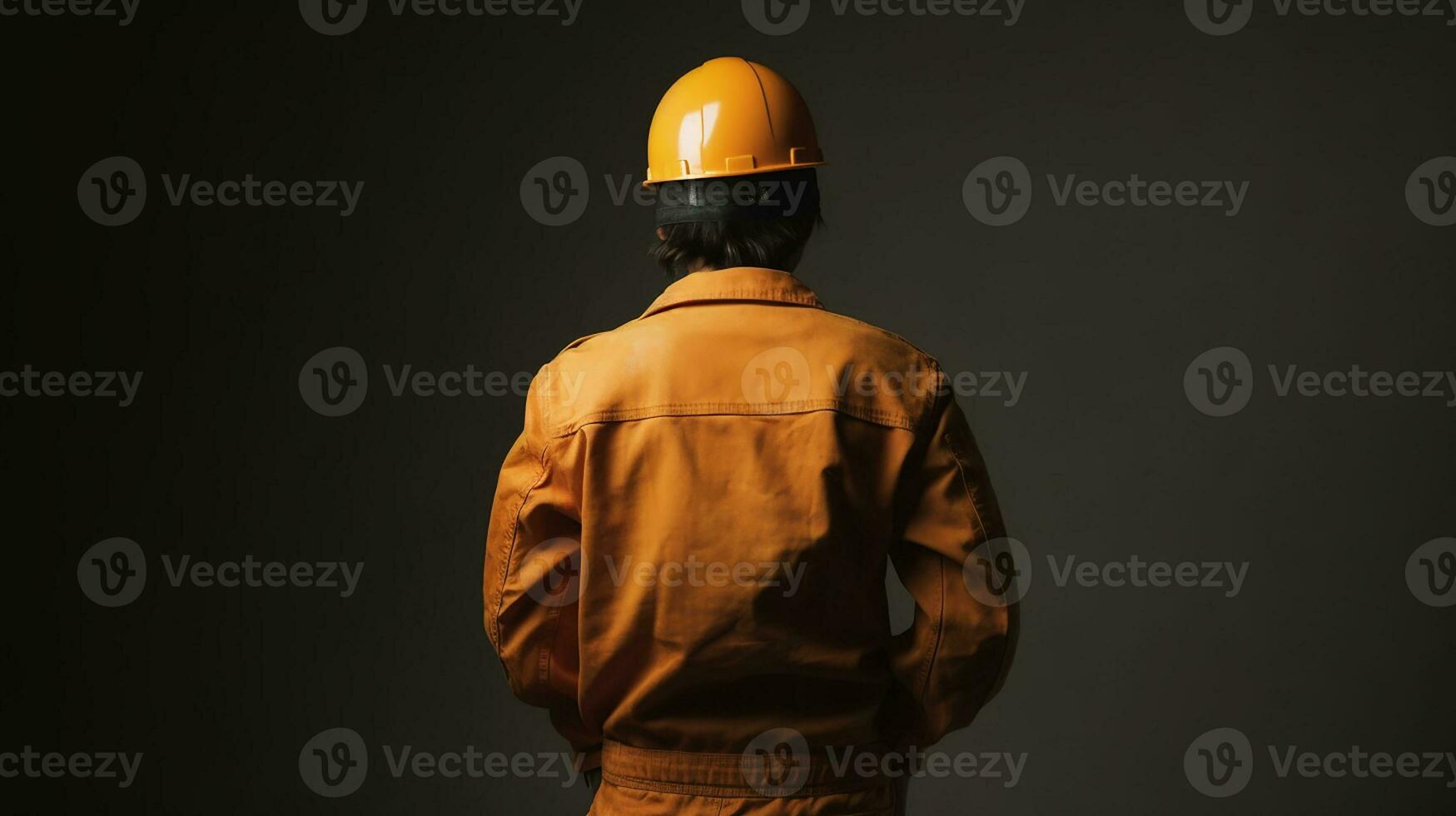 une homme avec un Orange Couleur robe et chapeau des stands dans de face de une foncé Contexte. ouvriers, la main d'oeuvre journée concept. ai généré photo