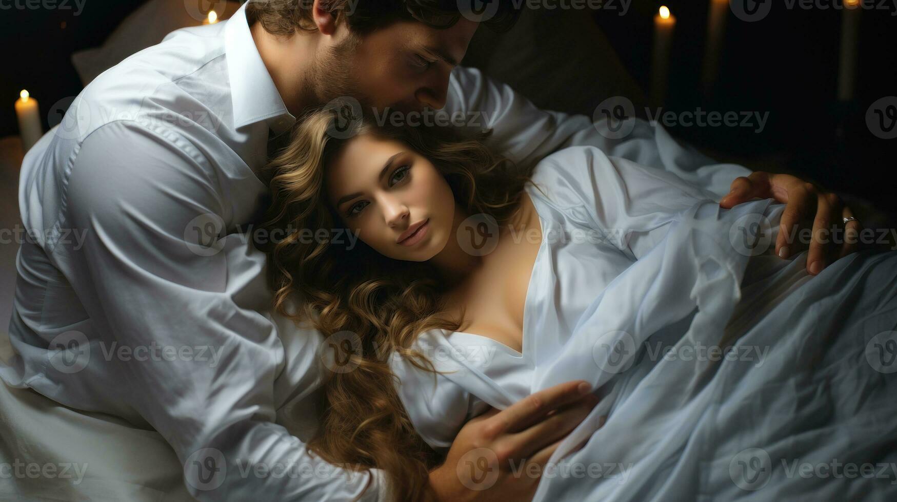 Beau homme étreindre magnifique femme dans lit à nuit. gracieux soumissionner mignonne magnifique sexuel couple. photo