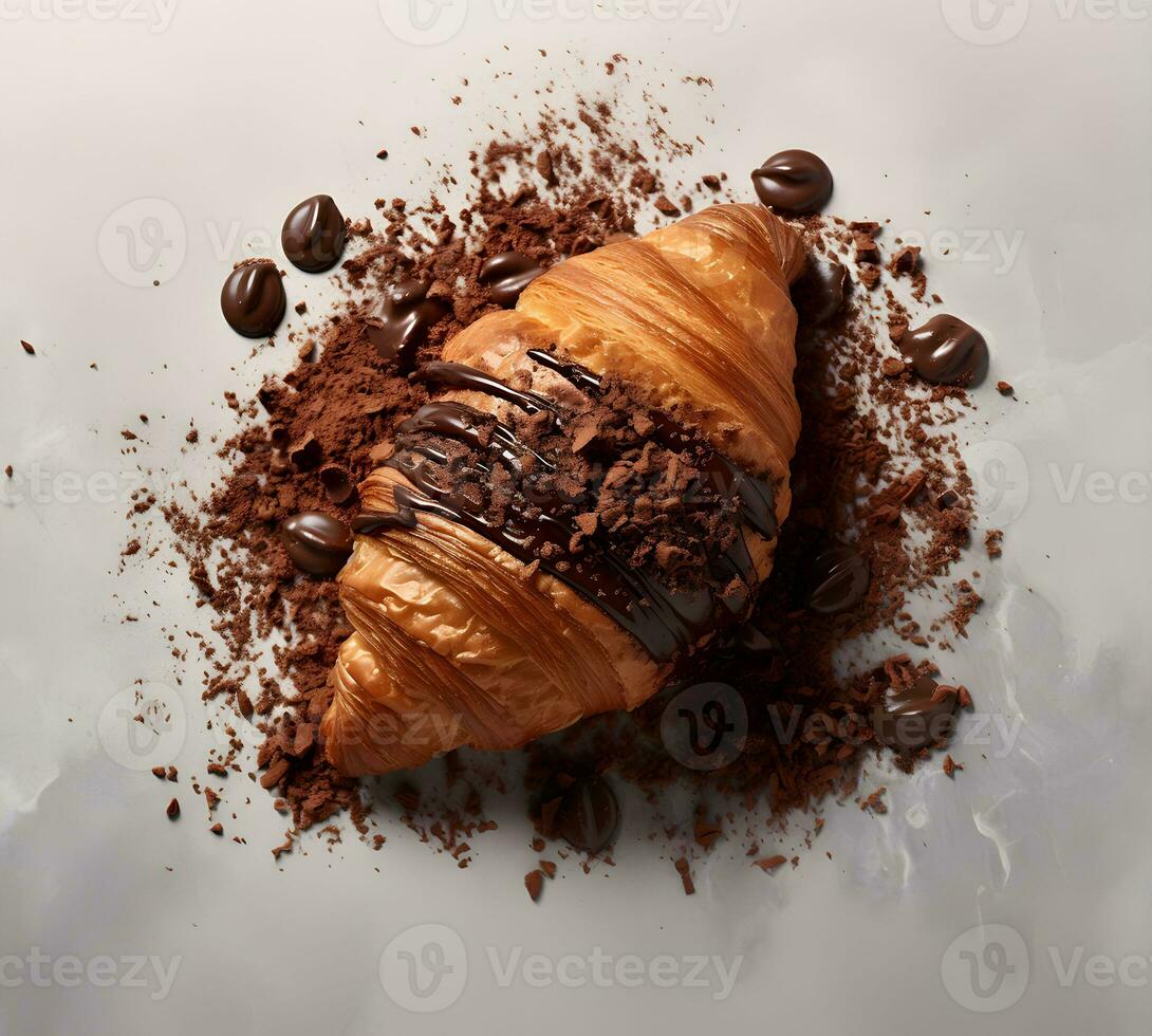 croissant dans Chocolat frites sur une marbre surface. fait maison Gâteaux. promotionnel commercial photo. ai génératif photo