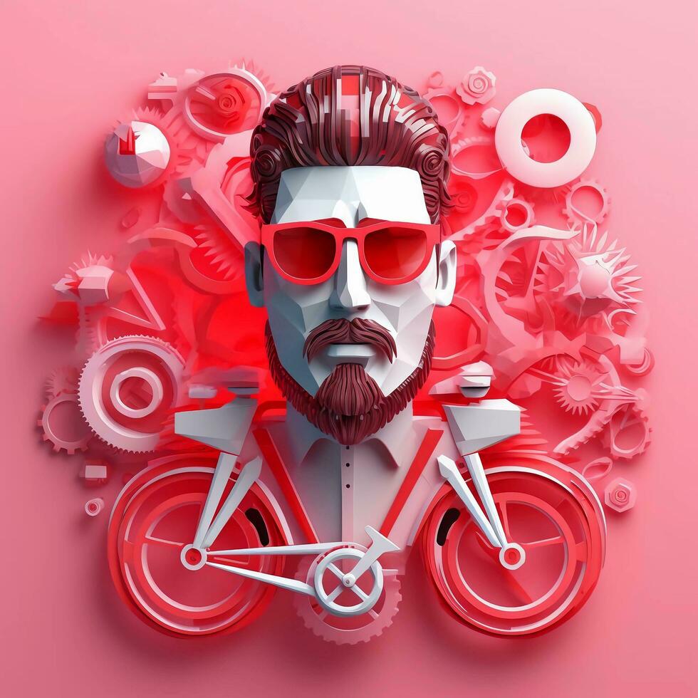 3d personnage de adulte homme dans des lunettes et vélo sur rose arrière-plan, ai génératif photo