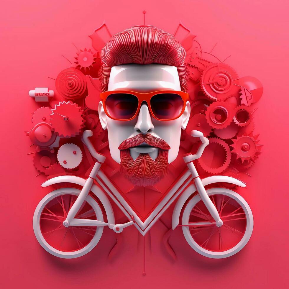3d personnage de adulte homme dans des lunettes et vélo sur rose arrière-plan, ai génératif photo