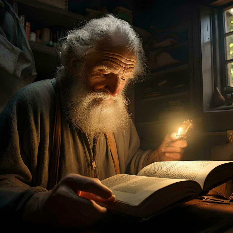 vieux grand-père qui est en train de lire une livre, ai génératif photo