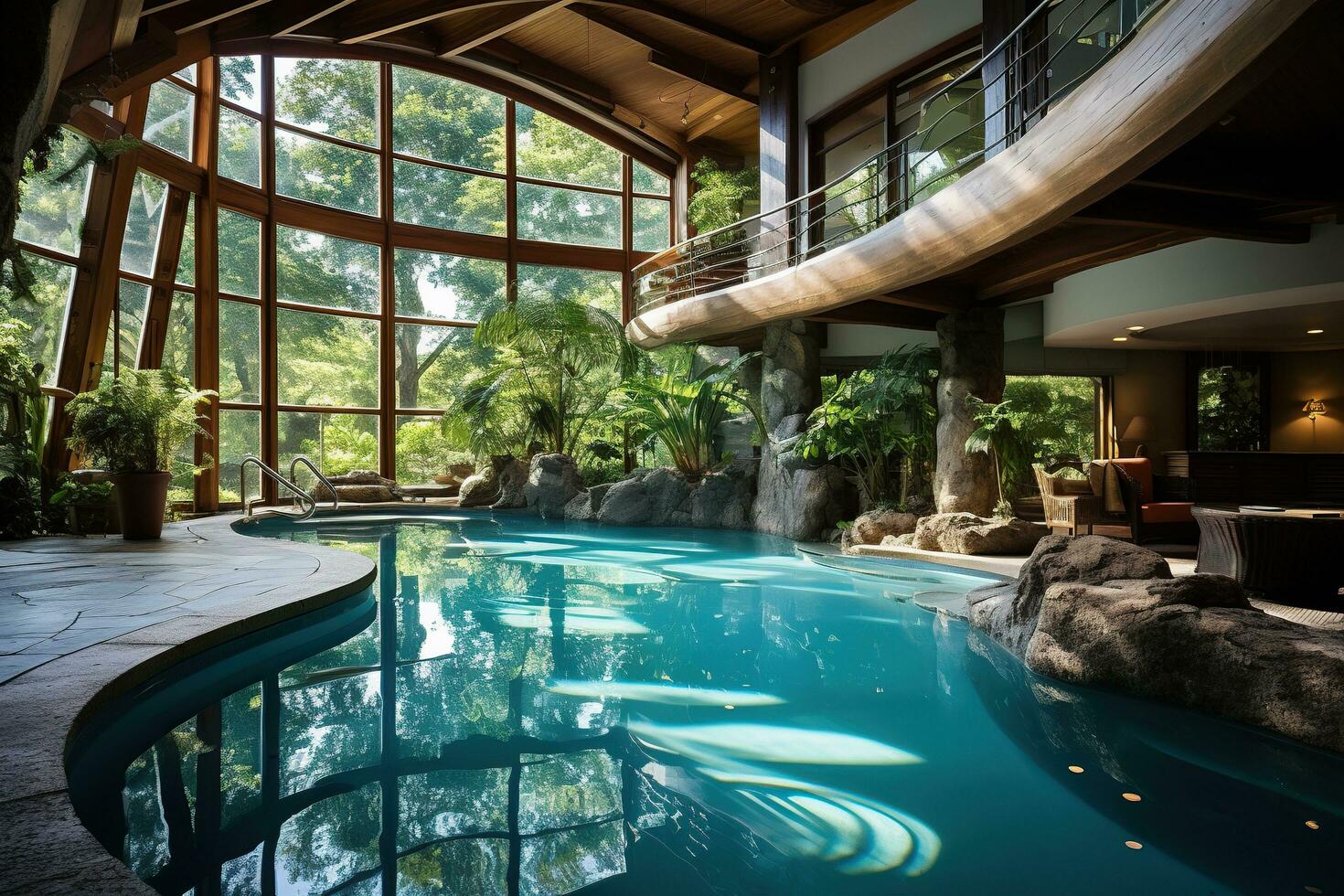 spa zone avec une énorme nager bassin dans le Hôtel. grand panoramique les fenêtres. repos, relaxation. généré par artificiel intelligence photo
