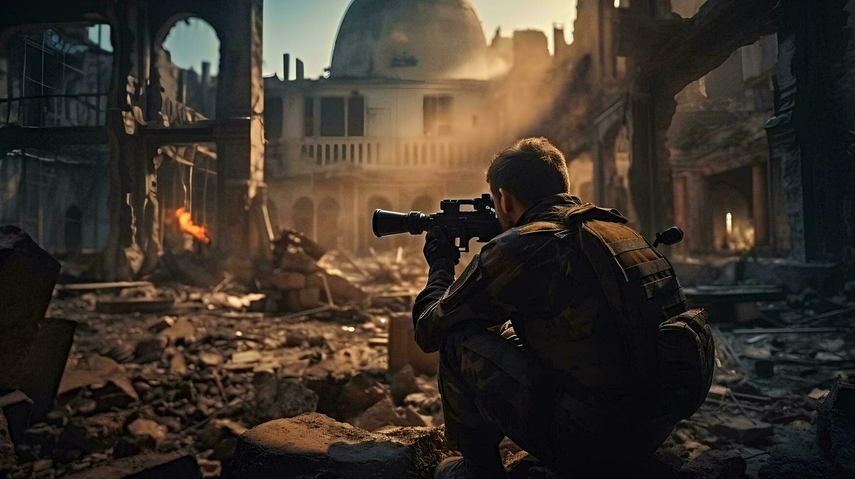 une soldat est prise une image de une détruit bâtiment, ai génératif photo