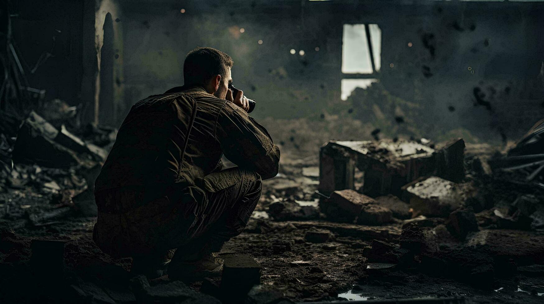 une soldat est prise une image de une détruit bâtiment, ai génératif photo