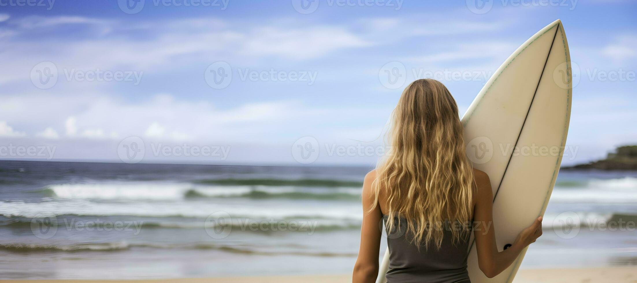 magnifique sexy surfeur fille sur le plage. ai génératif photo