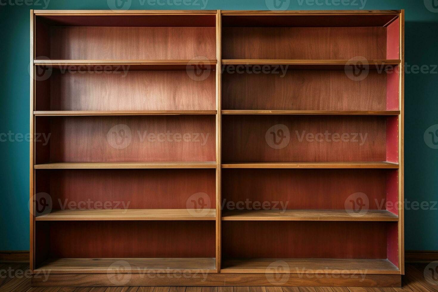 vide en bois bibliothèque avec étagères près une bleu mur sur une en bois sol. généré par artificiel intelligence photo