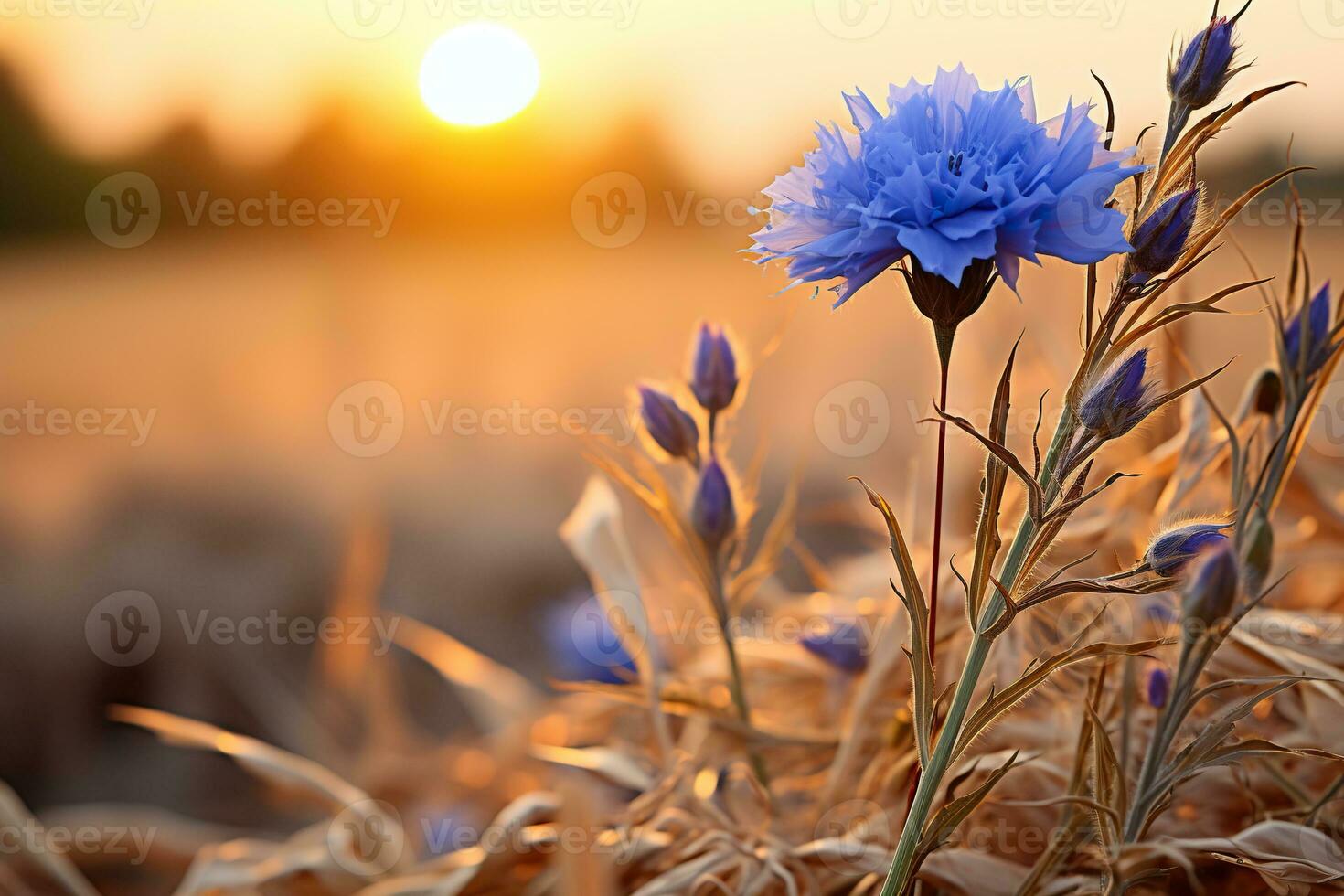 bleu bleuets dans une champ fermer. bleuets dans une été champ dans le des rayons de le coucher du soleil. généré par artificiel intelligence photo